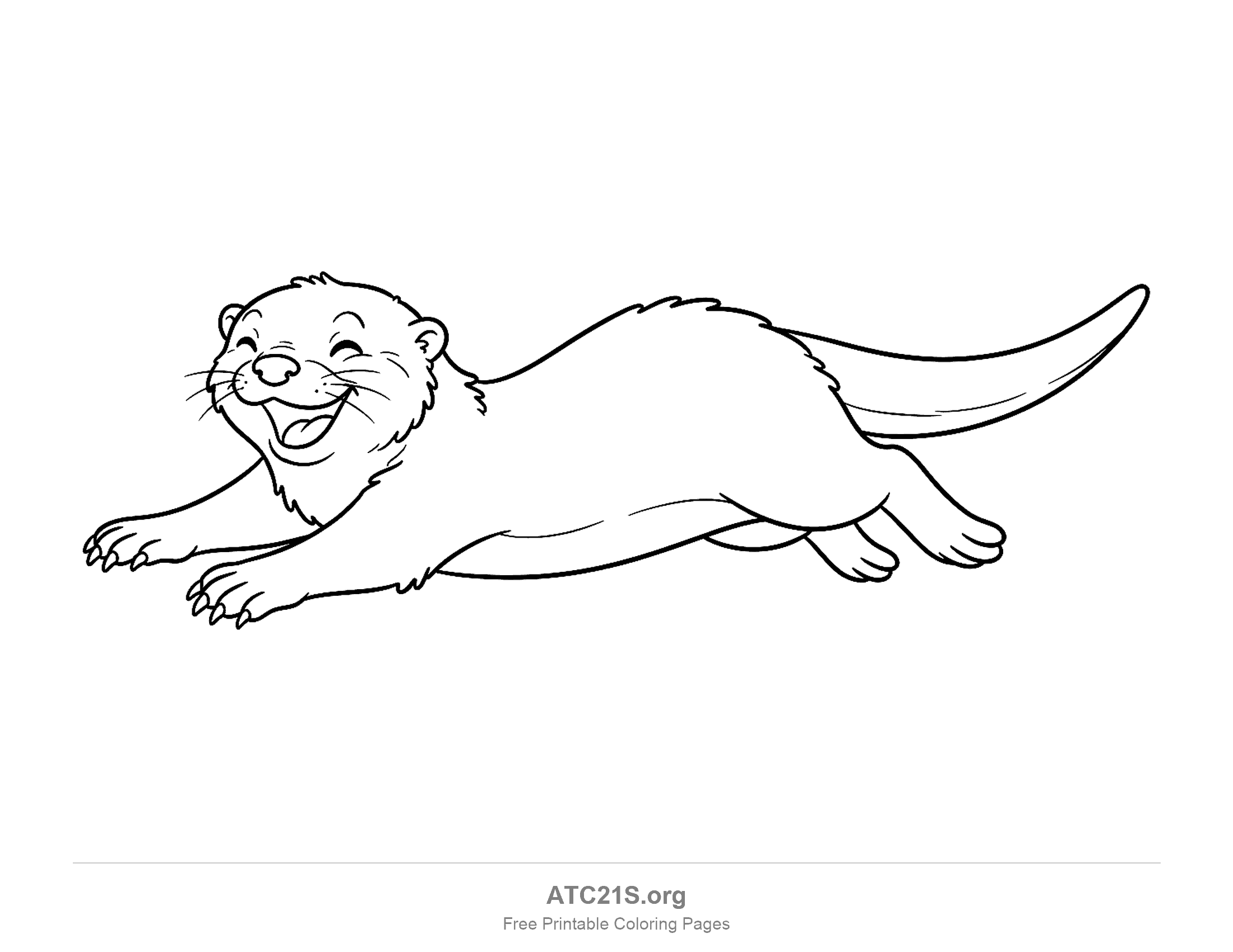 Happy otter sliding on its belly with a big open-mouthed smile, front paws stretched forward and a long tapering tail, coloring page for kids