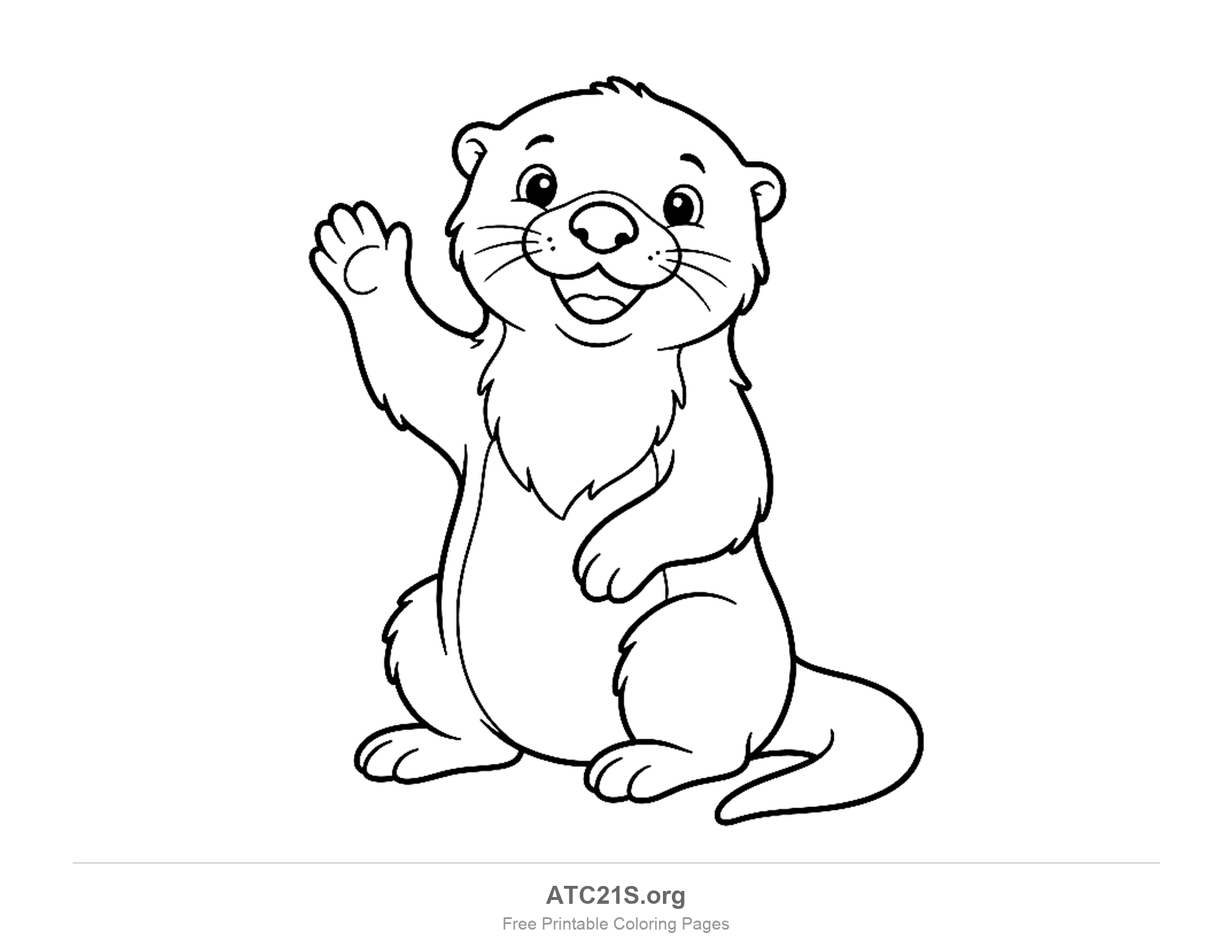 Cute cartoon otter sitting up and waving one paw, with a fluffy chest, a wide smile and a tail on the ground, coloring page