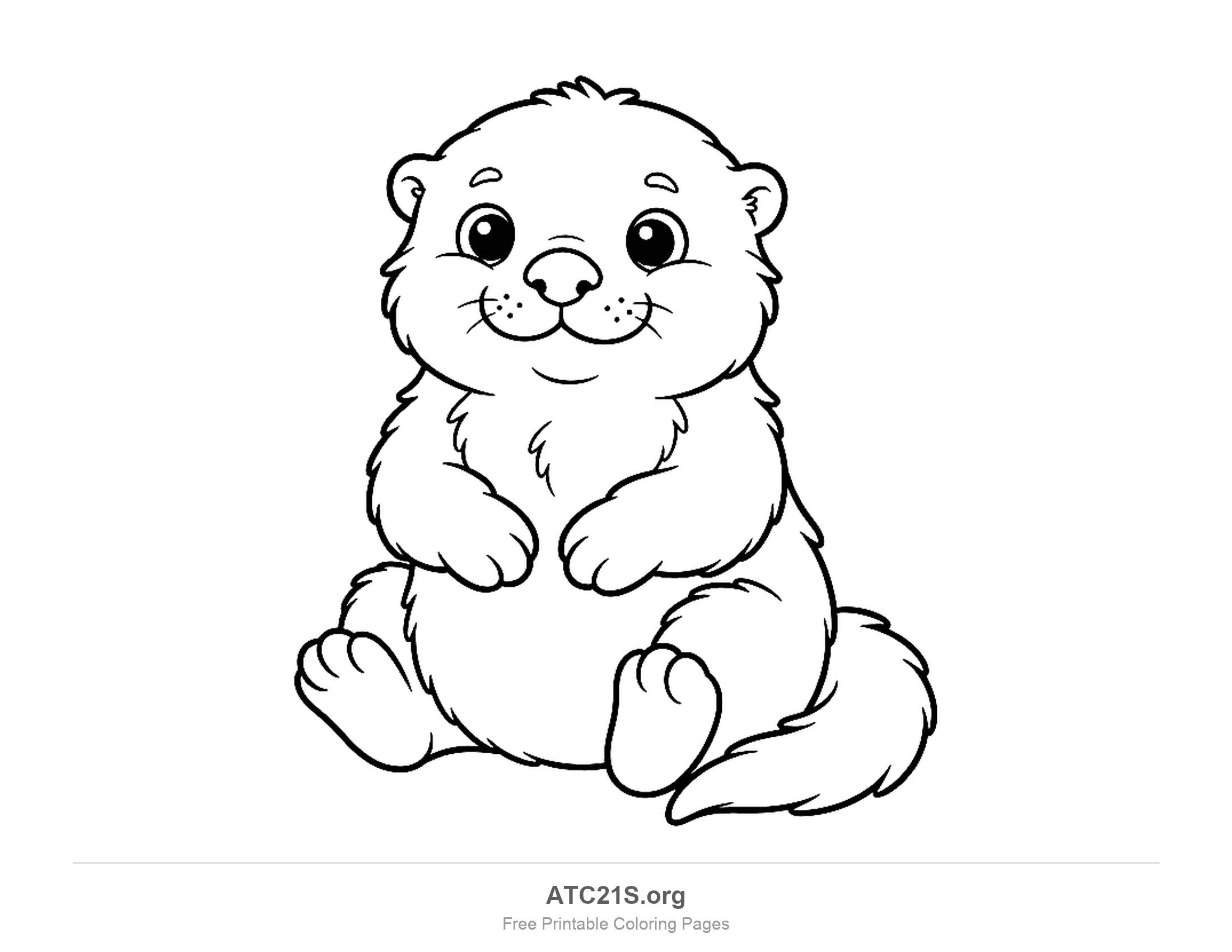 Chubby baby otter sitting front-on with huge round eyes, a round belly, paws on its chest and a small fluffy tail, coloring page for kids