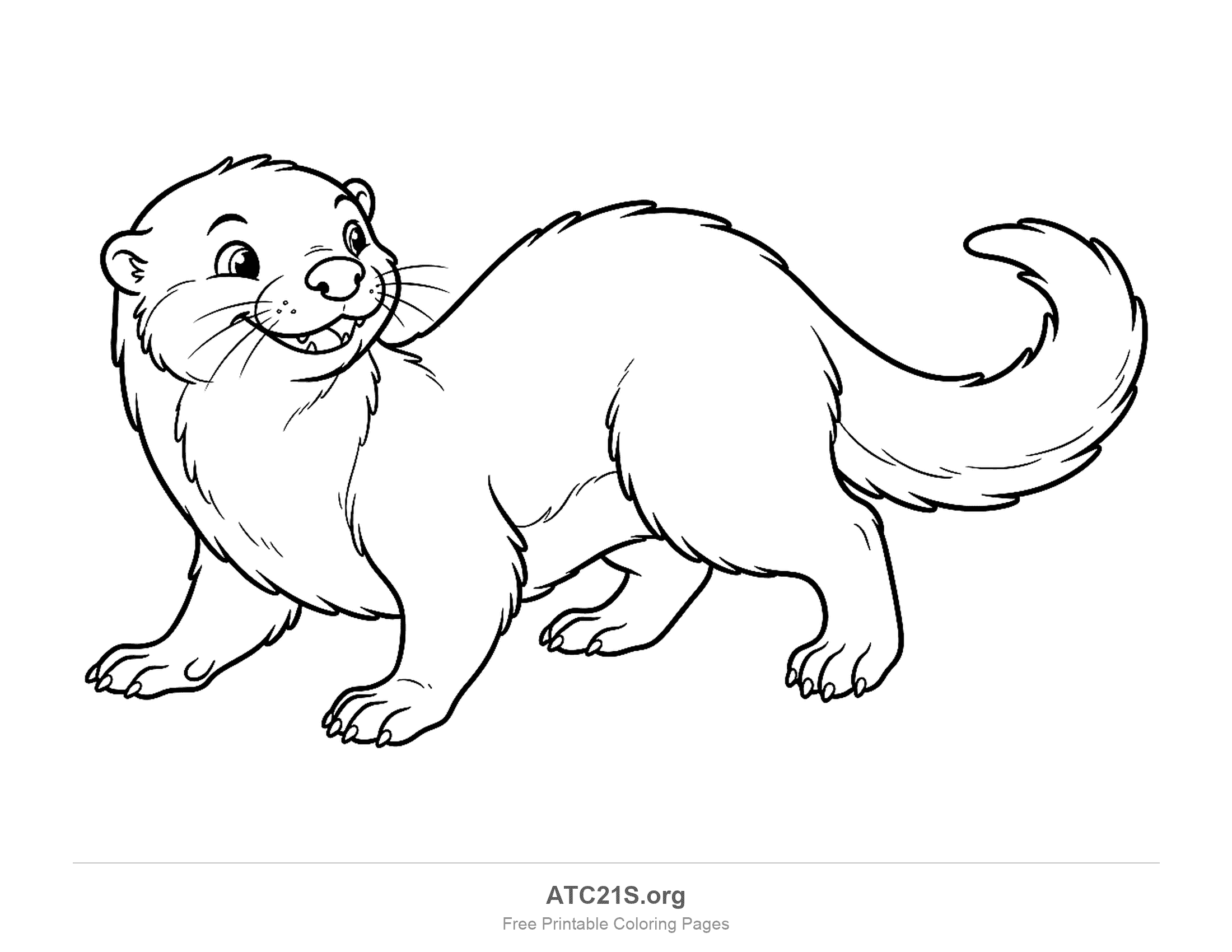 Otter walking on all fours and looking back over its shoulder with a fluffy tail, whiskers and fur texture, detailed coloring page for older kids
