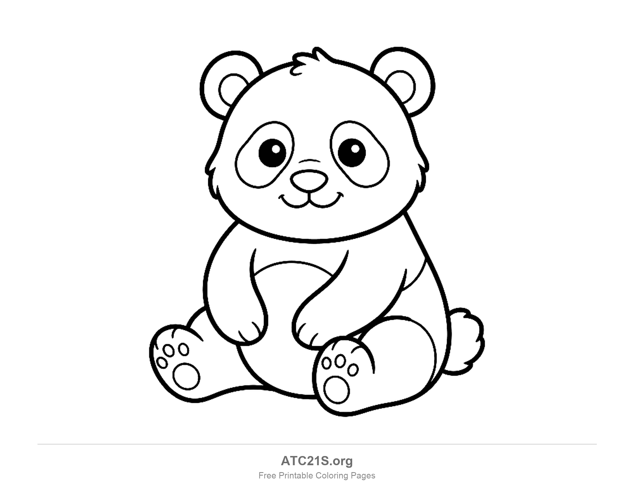 Cute cartoon panda sitting front-on with round eyes, paws together on its belly and paw pads showing, coloring page for preschoolers
