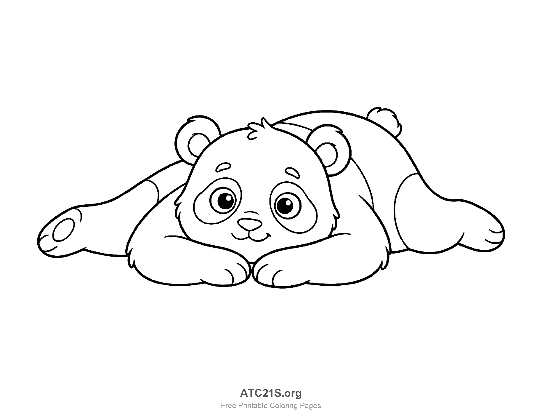 Cute panda lying on its belly with its chin resting on its paws and big round eyes, printable coloring page
