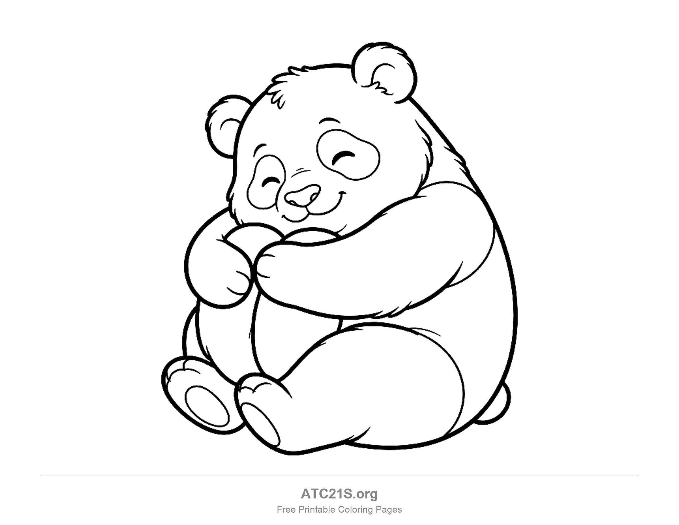 Content panda sitting and hugging its knees with closed happy eyes, coloring page to print