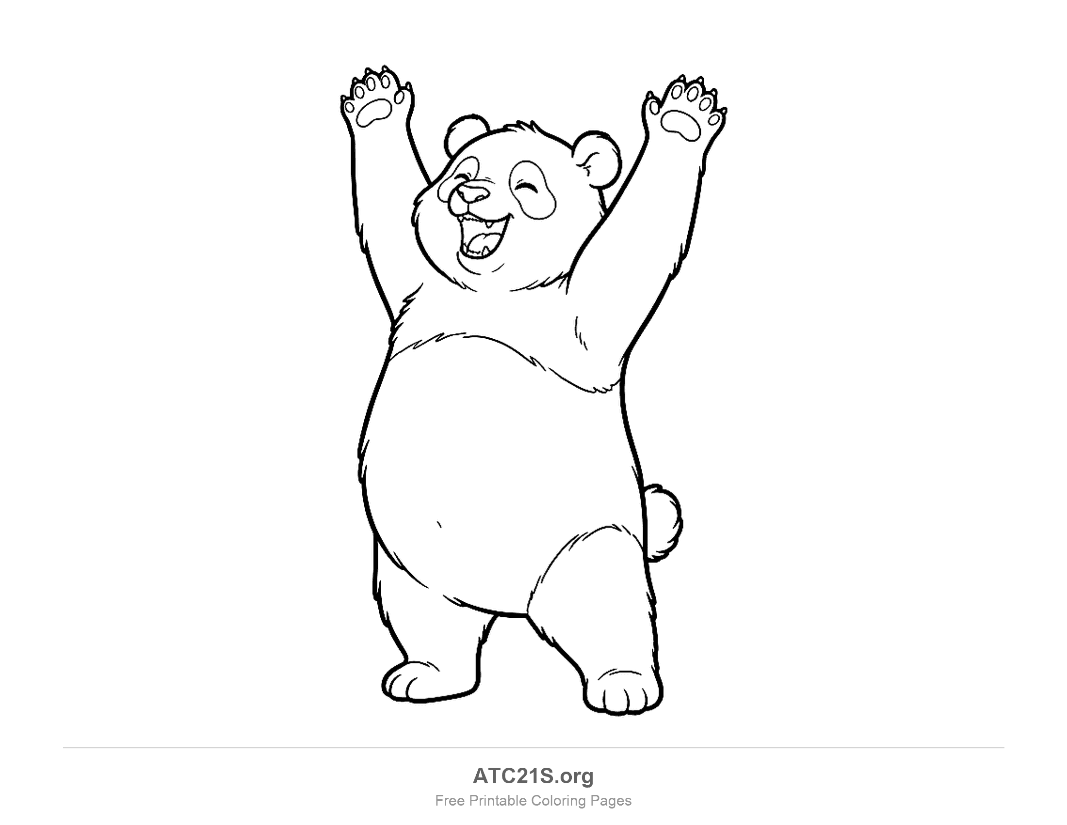Happy panda standing on its hind legs with both arms stretched high in the air, coloring page
