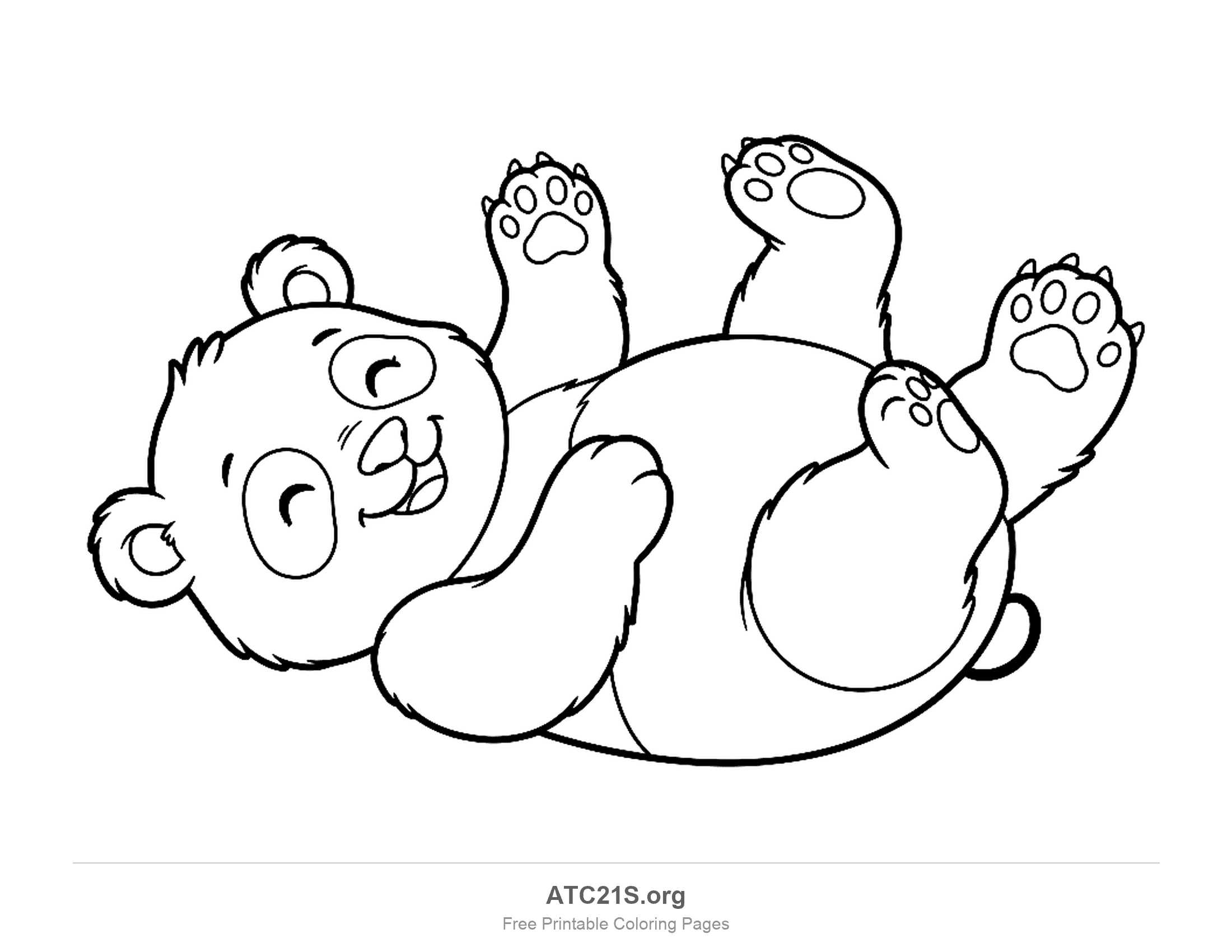 Playful panda lying on its back with all four paws in the air and a big smile, coloring page