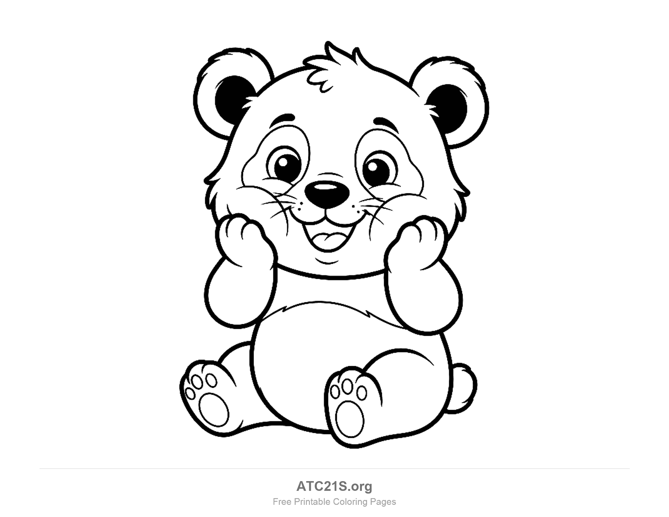 Happy panda sitting with paws on its cheeks, whiskers and a wide open-mouthed smile, coloring page for older kids