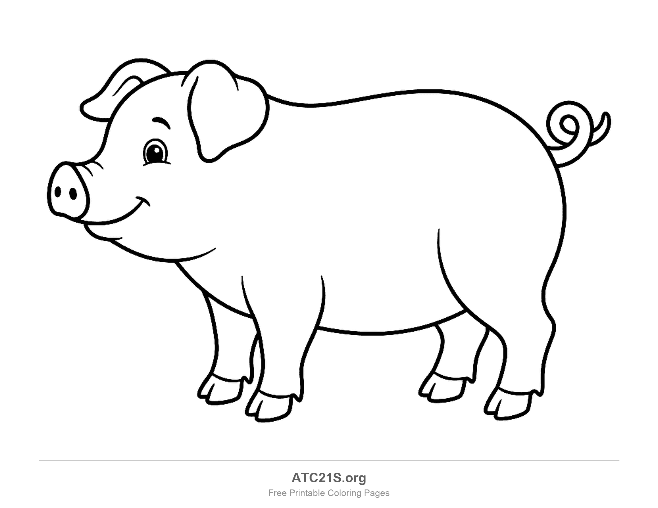 Cheerful cartoon pig standing in profile with a smile, floppy ears and a curly tail, easy coloring page for kids