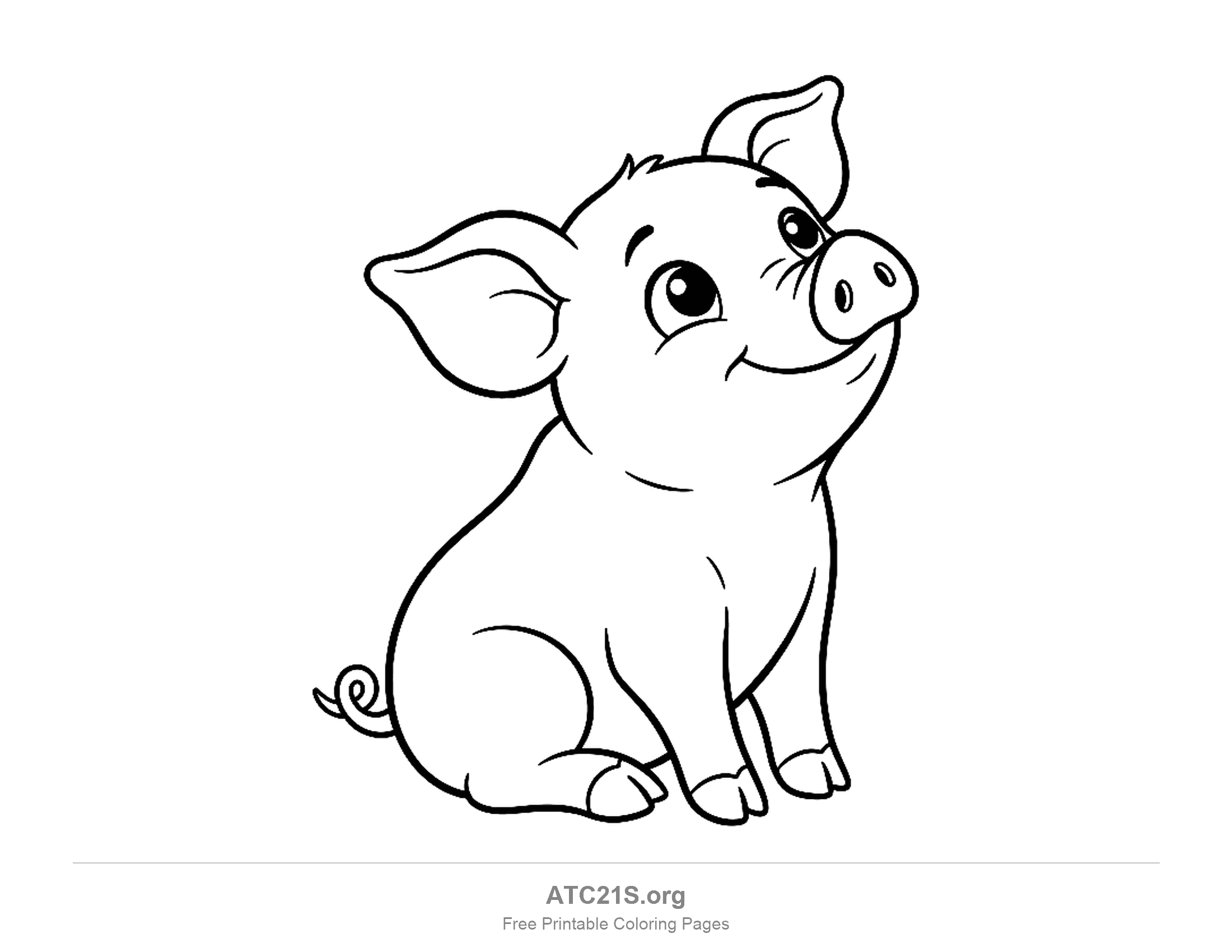 Cute pig sitting and looking up with one ear raised, big eyes and a curly tail, printable coloring page