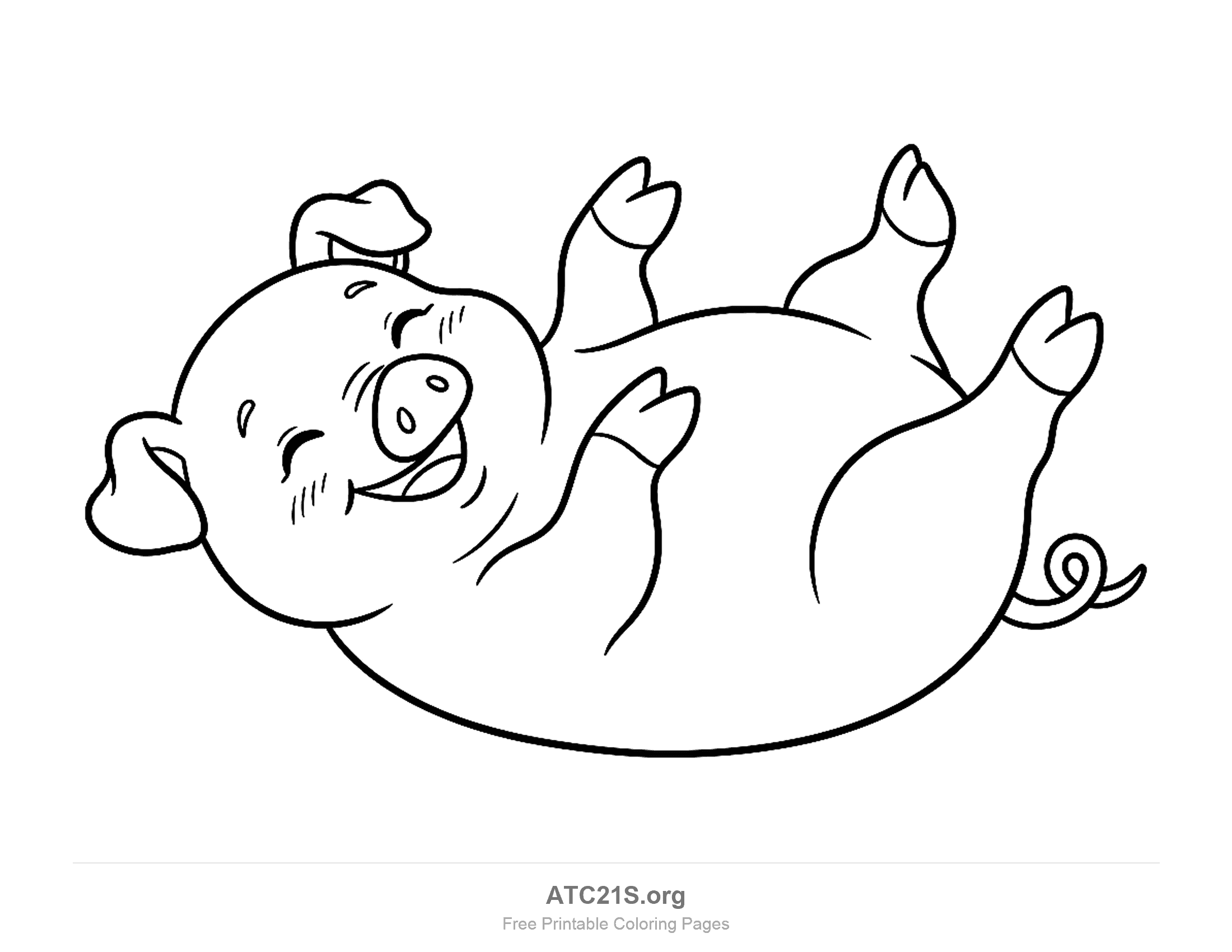 Playful cartoon pig lying on its back with all four legs in the air, laughing with closed eyes and a curly tail, coloring page