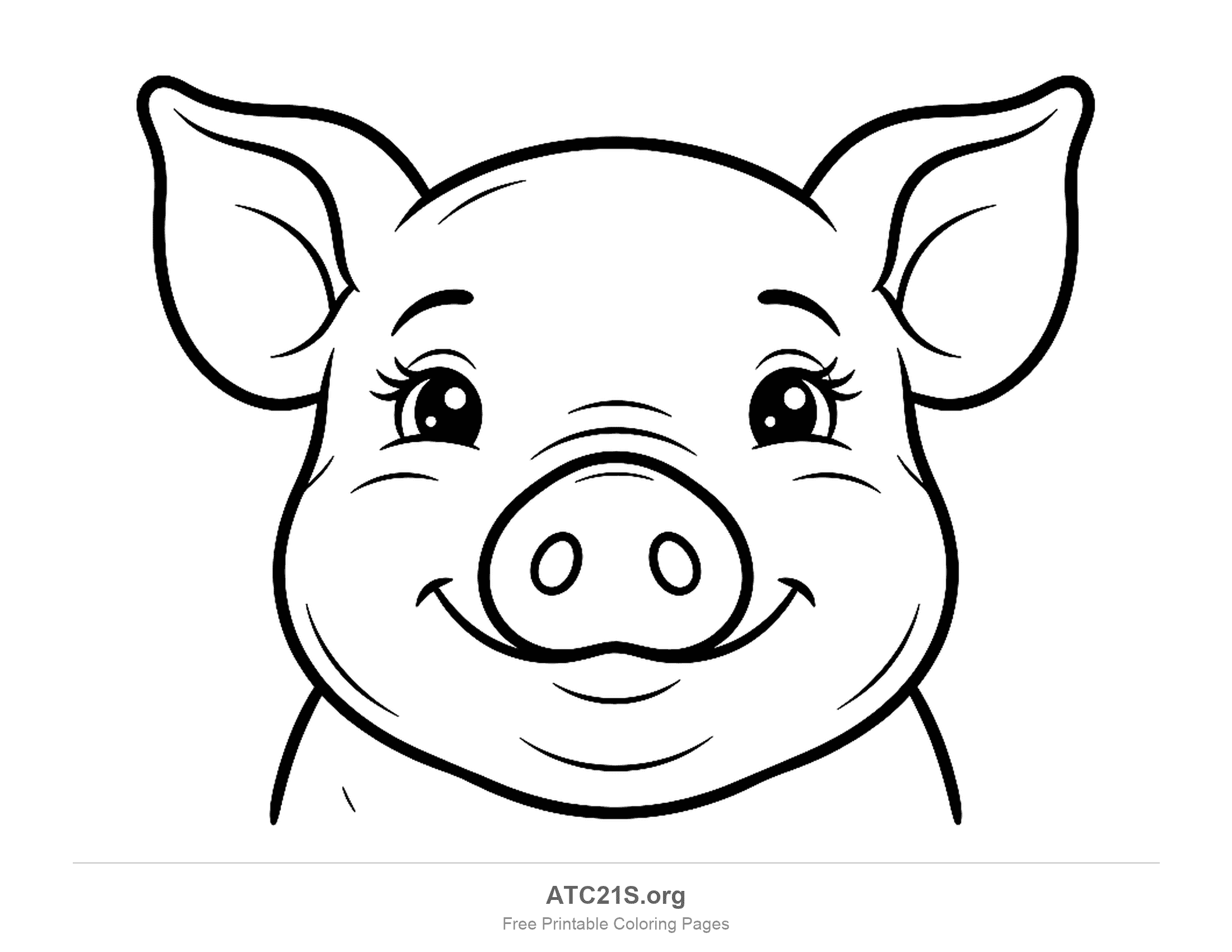 Close-up of a smiling pig face with big ears, eyelashes and a round snout, coloring page to print
