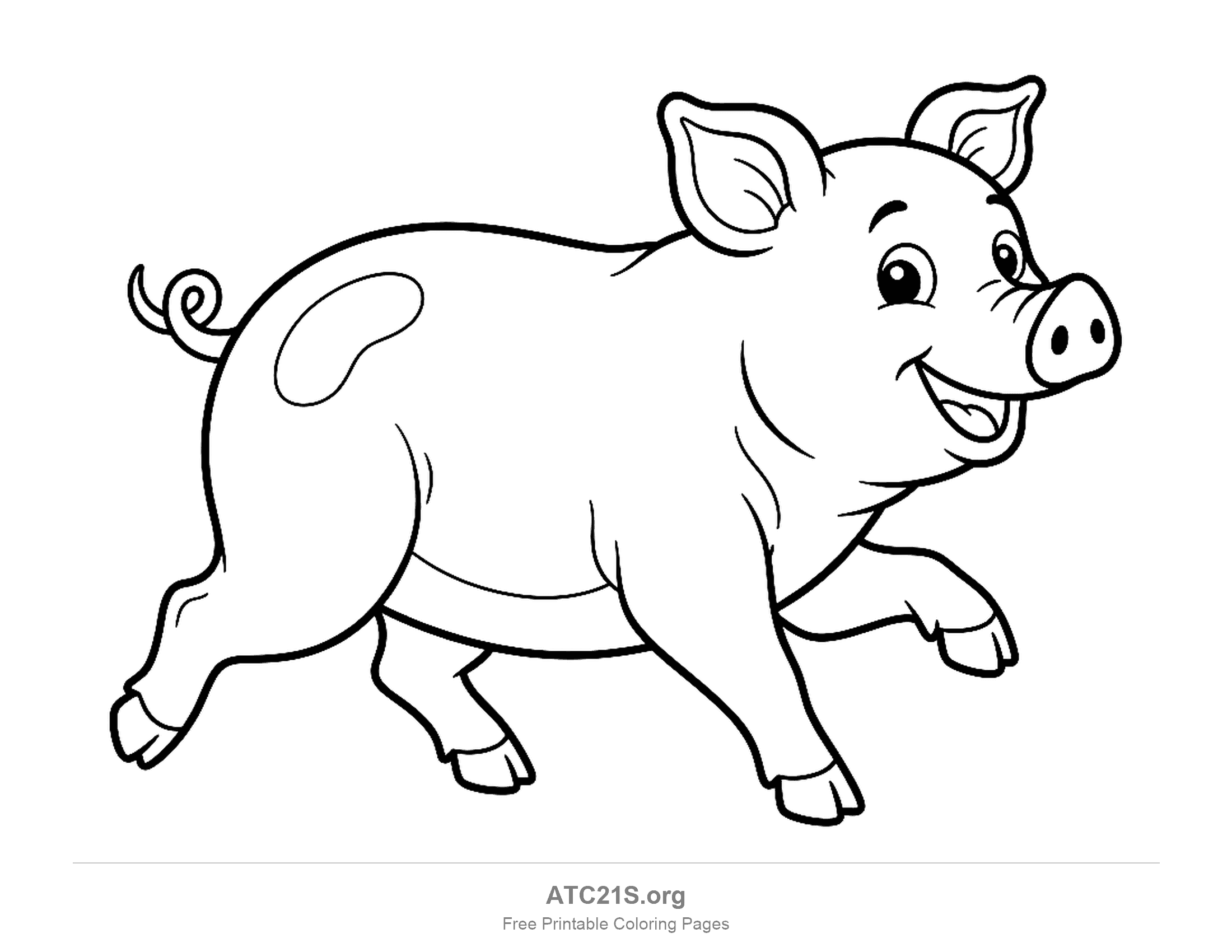 Happy pig trotting forward with an open smile, perked ears and a curly tail, coloring page for kids