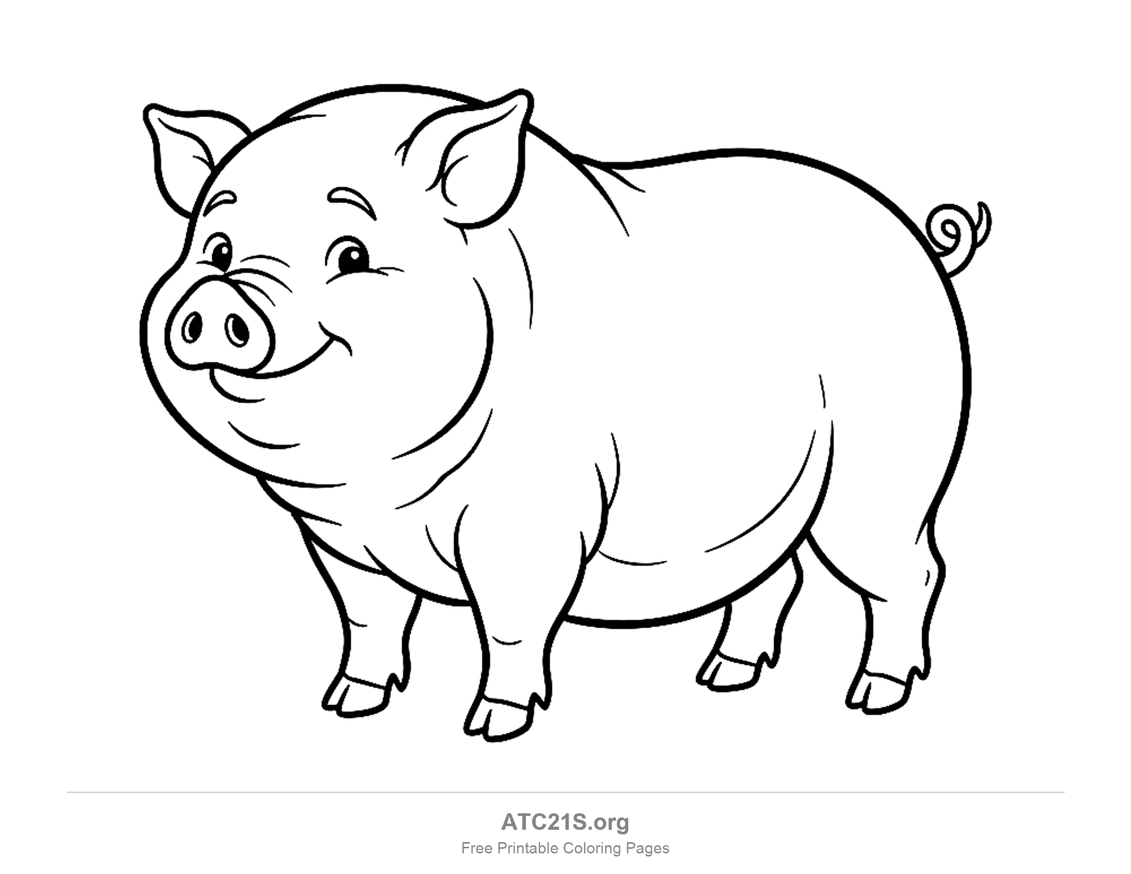Chubby pot-bellied pig standing in profile with a round body, smiling face and a curly tail, coloring page for older kids