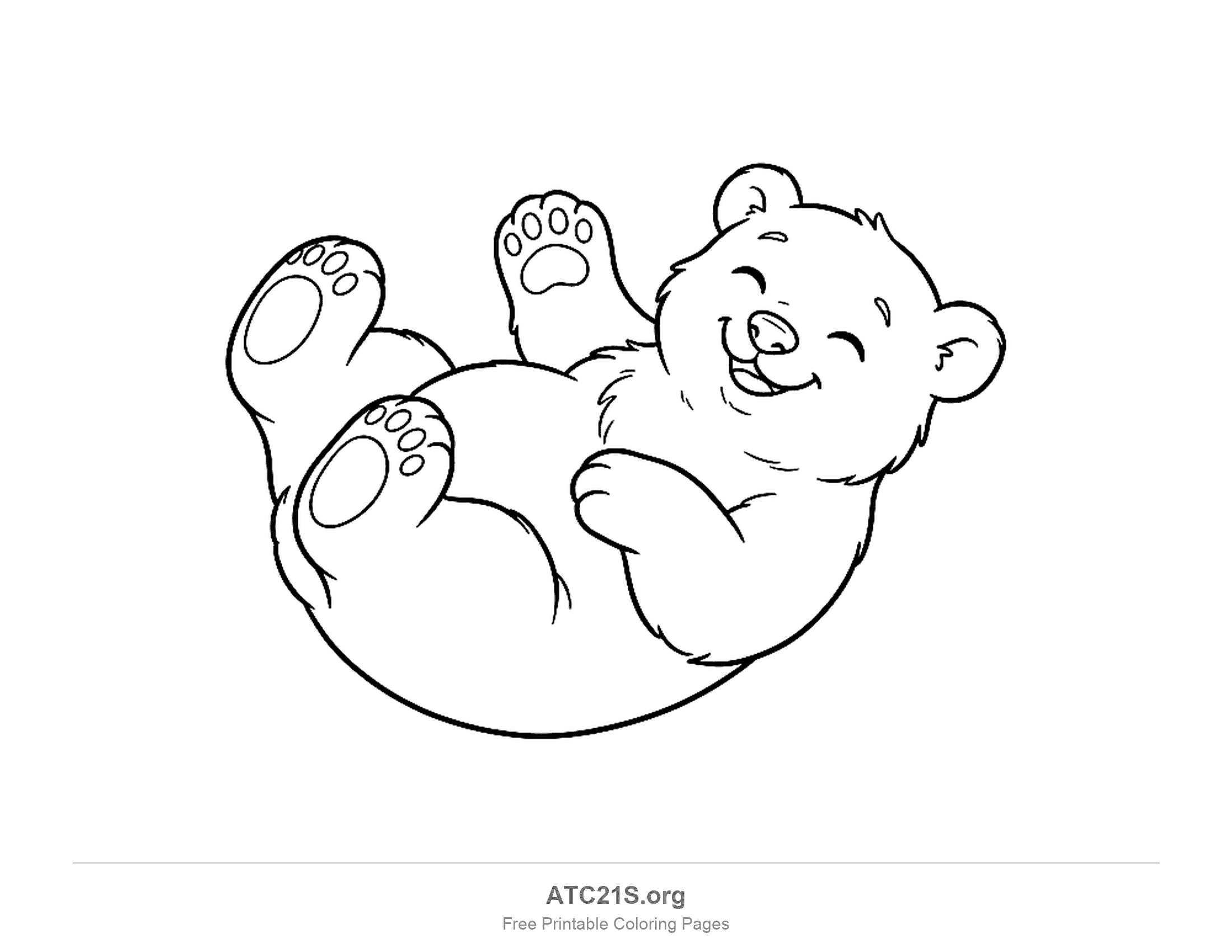 Cute cartoon polar bear cub lying on its back rolling with paws in the air and a happy closed-eye smile, simple coloring page for preschoolers