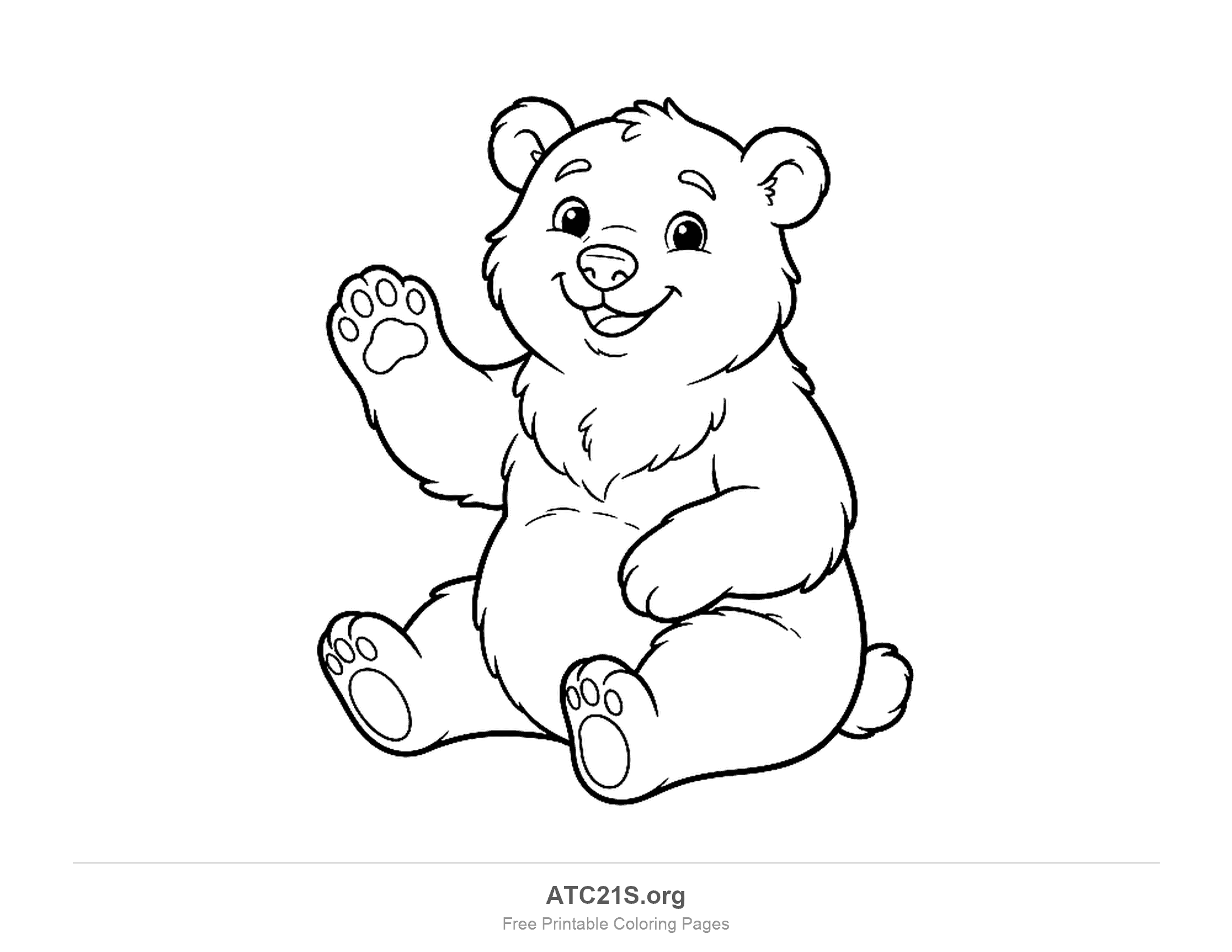 Cute cartoon polar bear cub sitting and waving one paw with paw pads showing and its tongue out, printable coloring page