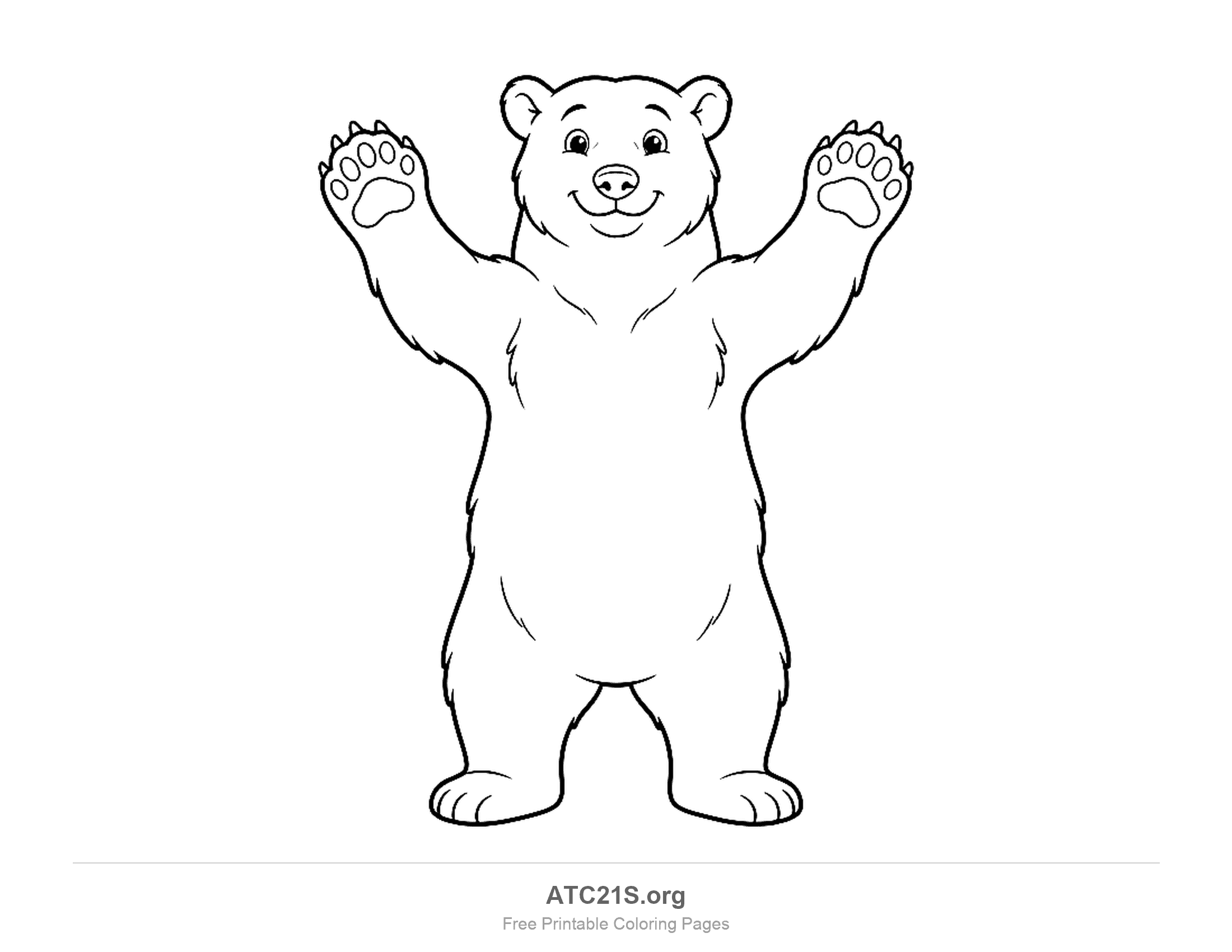 Cute cartoon polar bear standing on its hind legs with both paws raised high and paw pads showing, coloring page to print