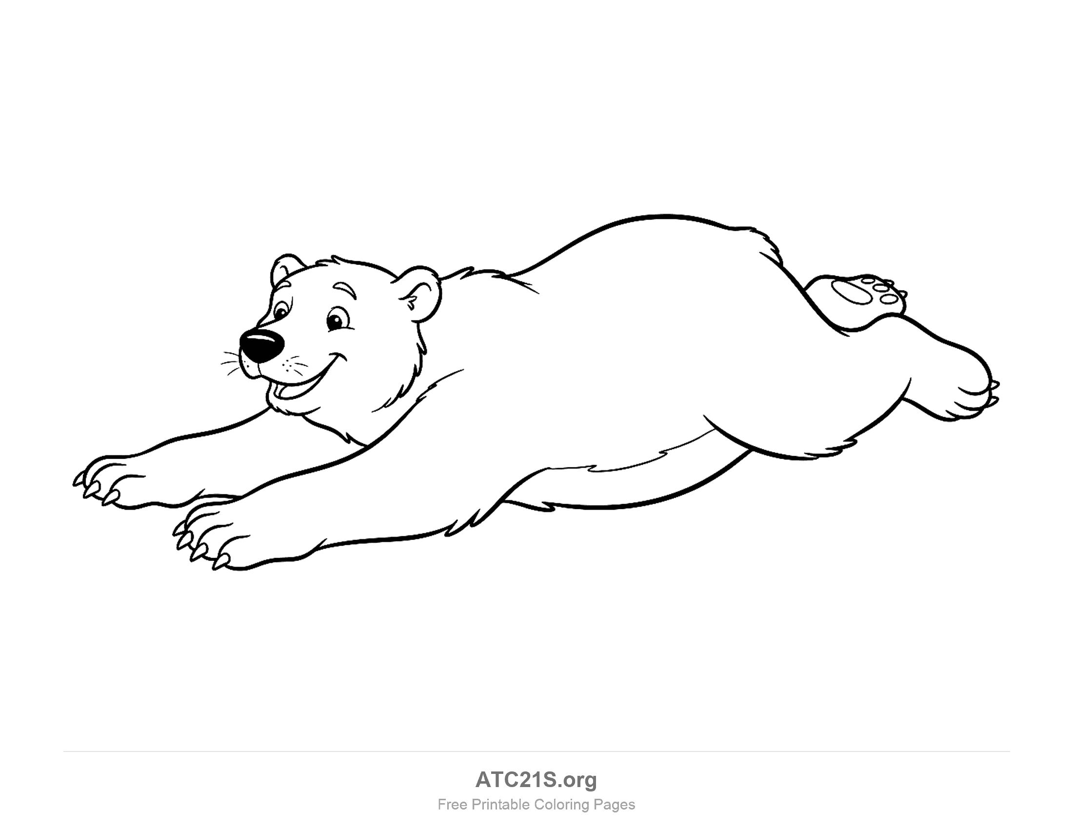 Polar bear sliding on its belly with front paws stretched forward, a smile and one back paw showing its pad, coloring page for kids
