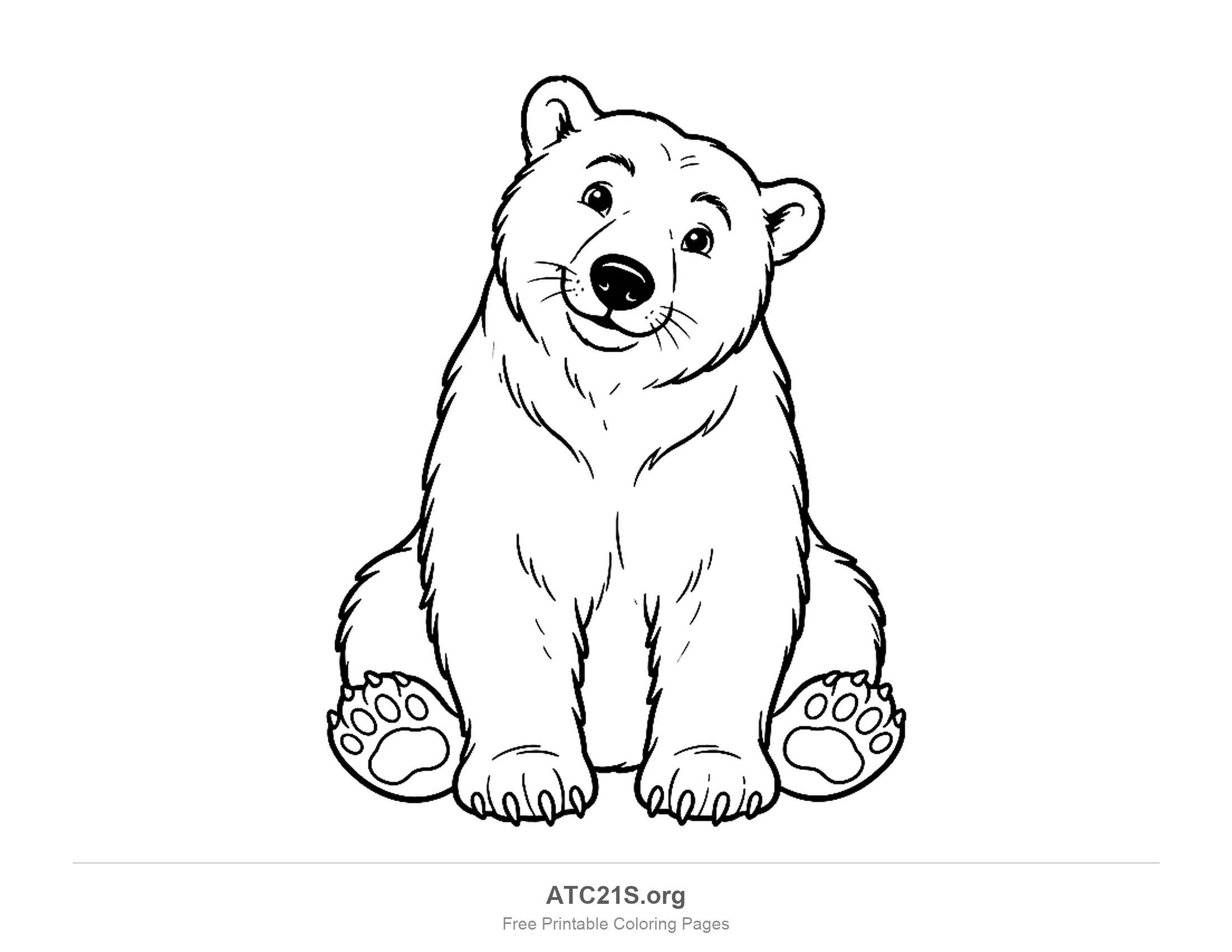Polar bear sitting facing forward with its head tilted, whiskers and paw pads showing, coloring page