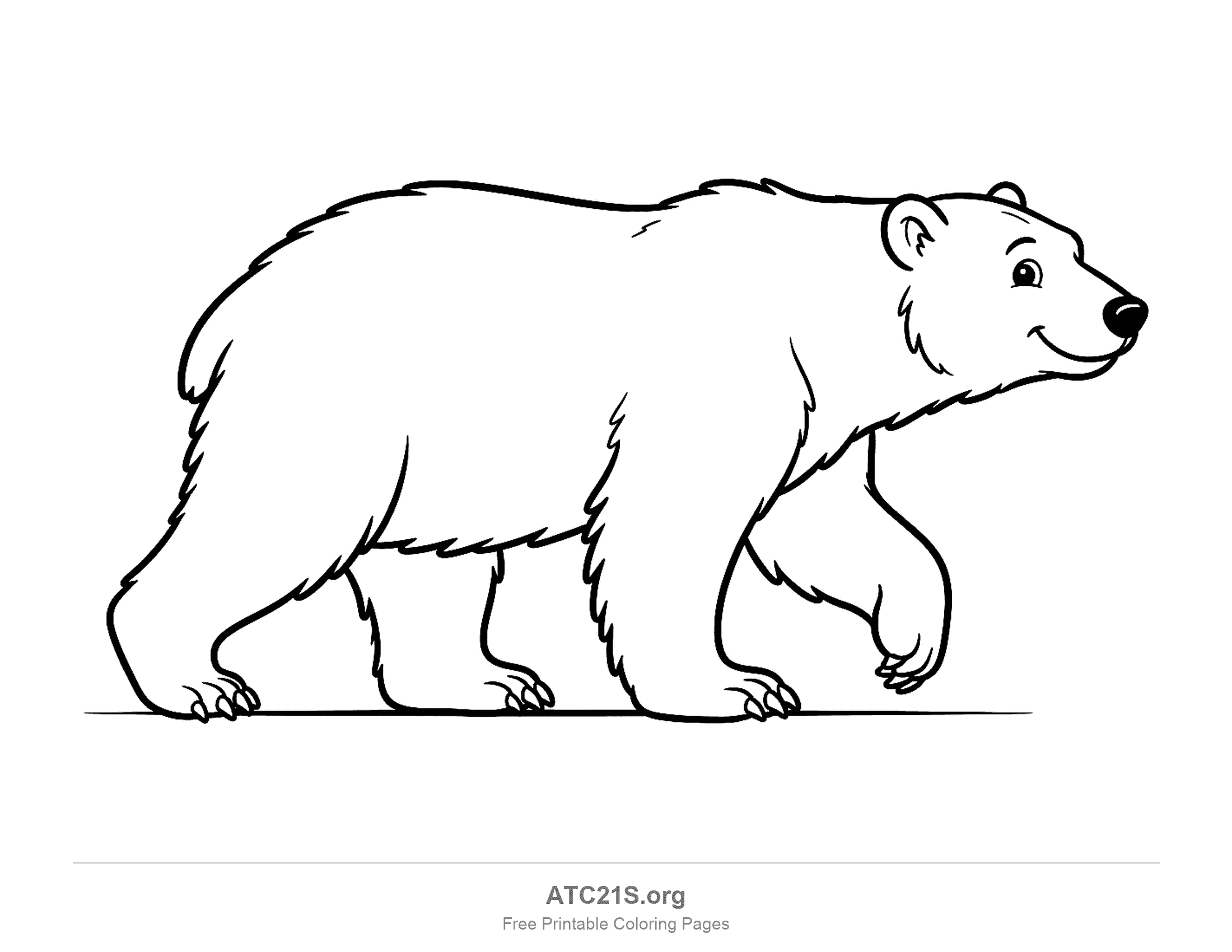 Polar bear walking on all fours in side profile with a smile and fur along its body, coloring page