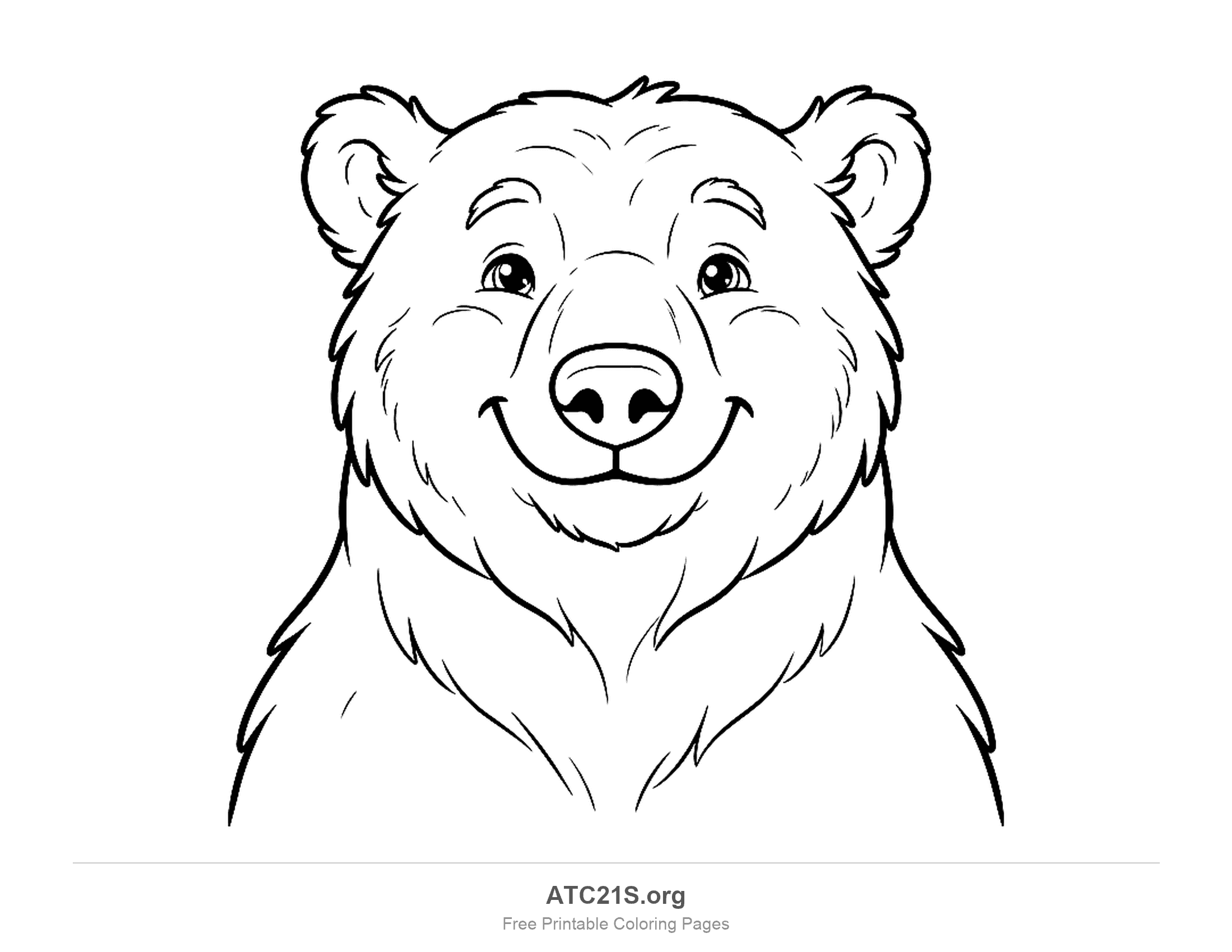 Detailed close-up of a polar bear's smiling face with fluffy fur, round ears and a large nose, coloring page for older kids