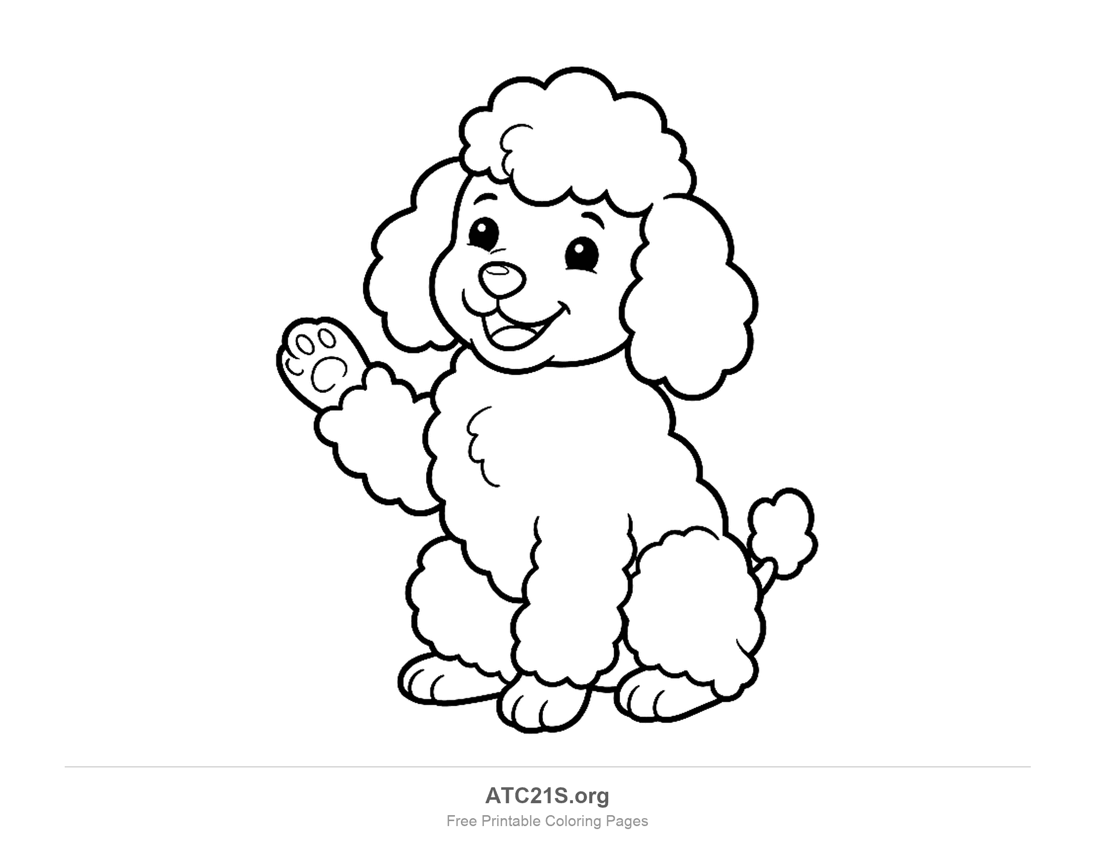 Cute cartoon puppy sitting and waving one front paw with puffy round fur and its tongue out, simple coloring page for preschoolers
