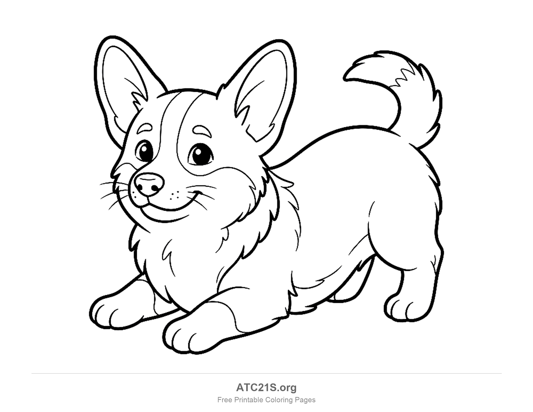 Playful puppy in a play-bow with big pointed ears, front paws stretched forward and a fluffy tail held high, printable coloring page
