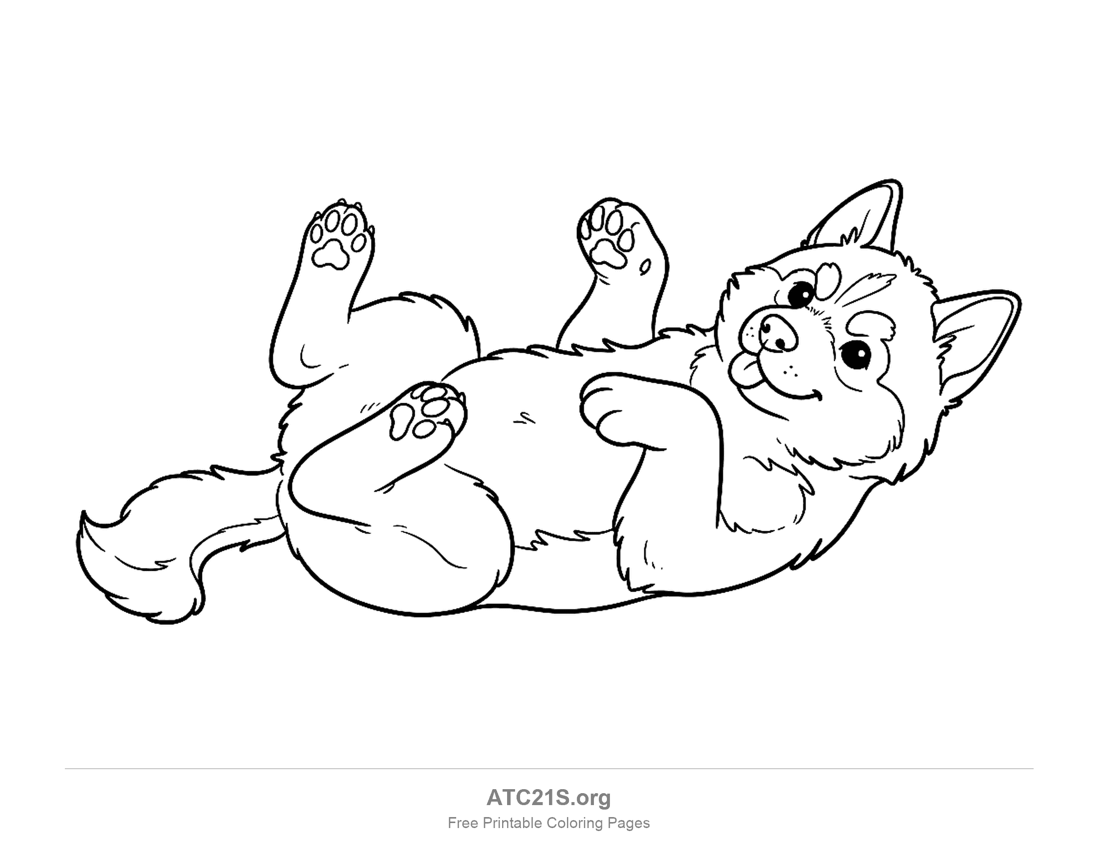 Fluffy puppy rolling on its back with its belly up, paws in the air and tongue out, coloring page for kids