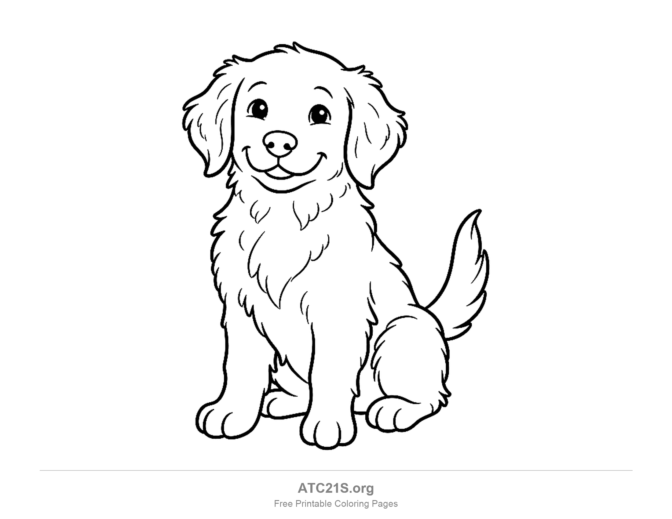Fluffy puppy sitting facing forward with floppy ears, a smiling face and a thick ruff of chest fur, coloring page to print