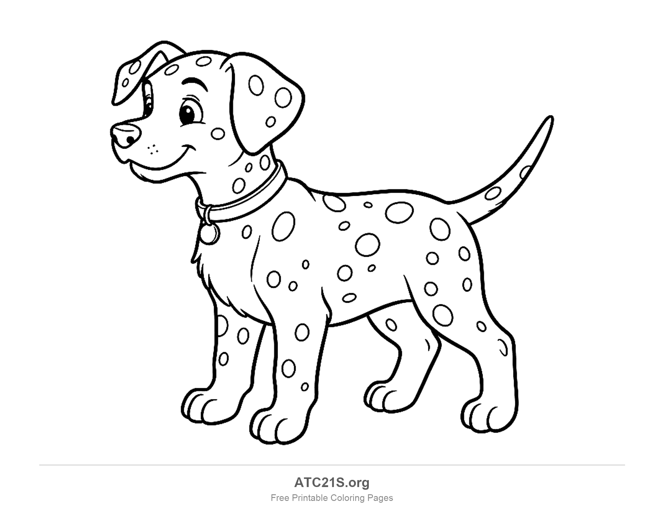 Spotted puppy standing in side view covered in round spots and wearing a collar with a tag, coloring page for kids