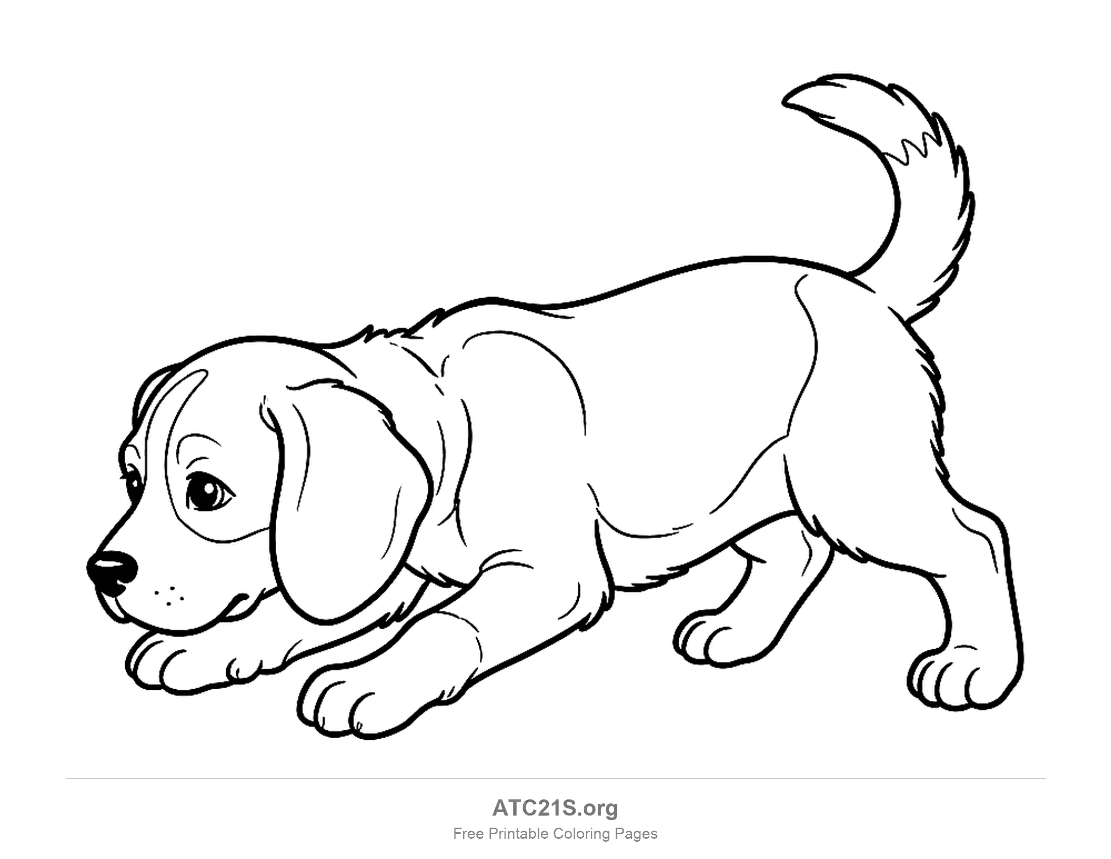 Puppy in a sniffing play-bow with floppy ears, its nose to the ground and tail held high, coloring page for kids