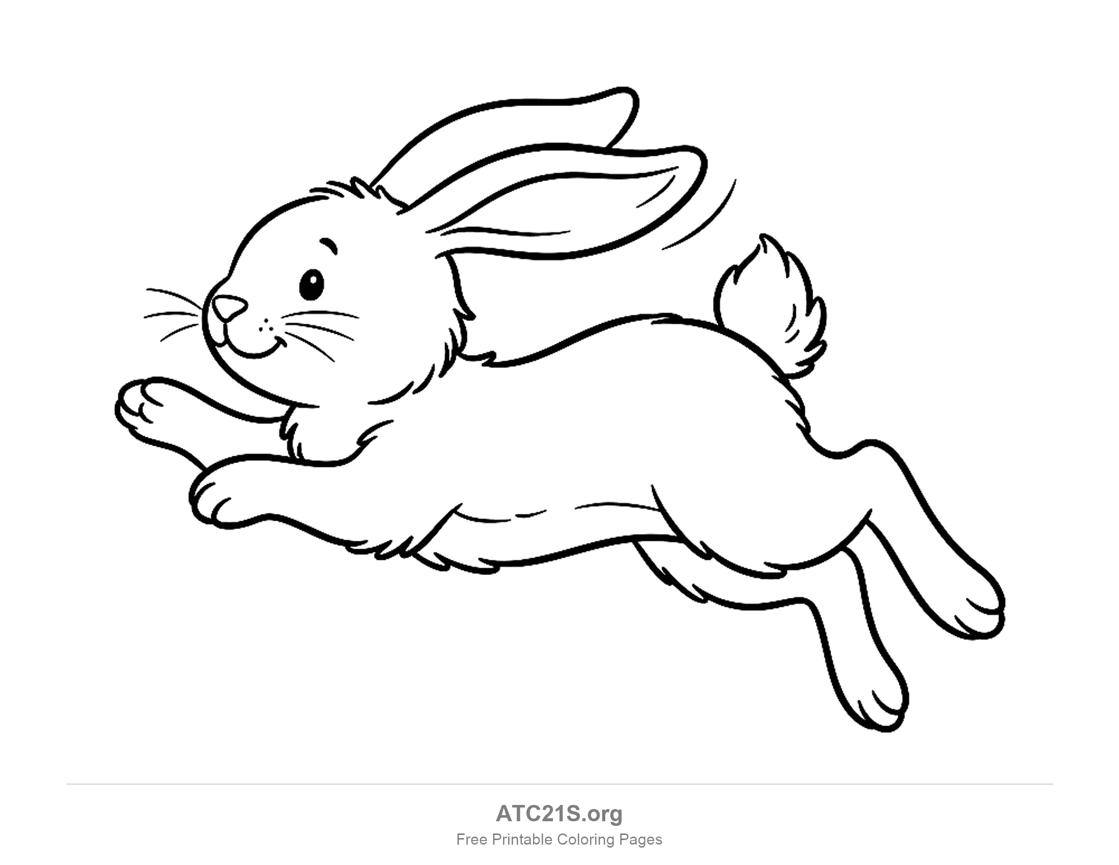 Cute cartoon rabbit hopping through the air with ears swept back, front paws stretched out and a fluffy tail, simple coloring page for preschoolers