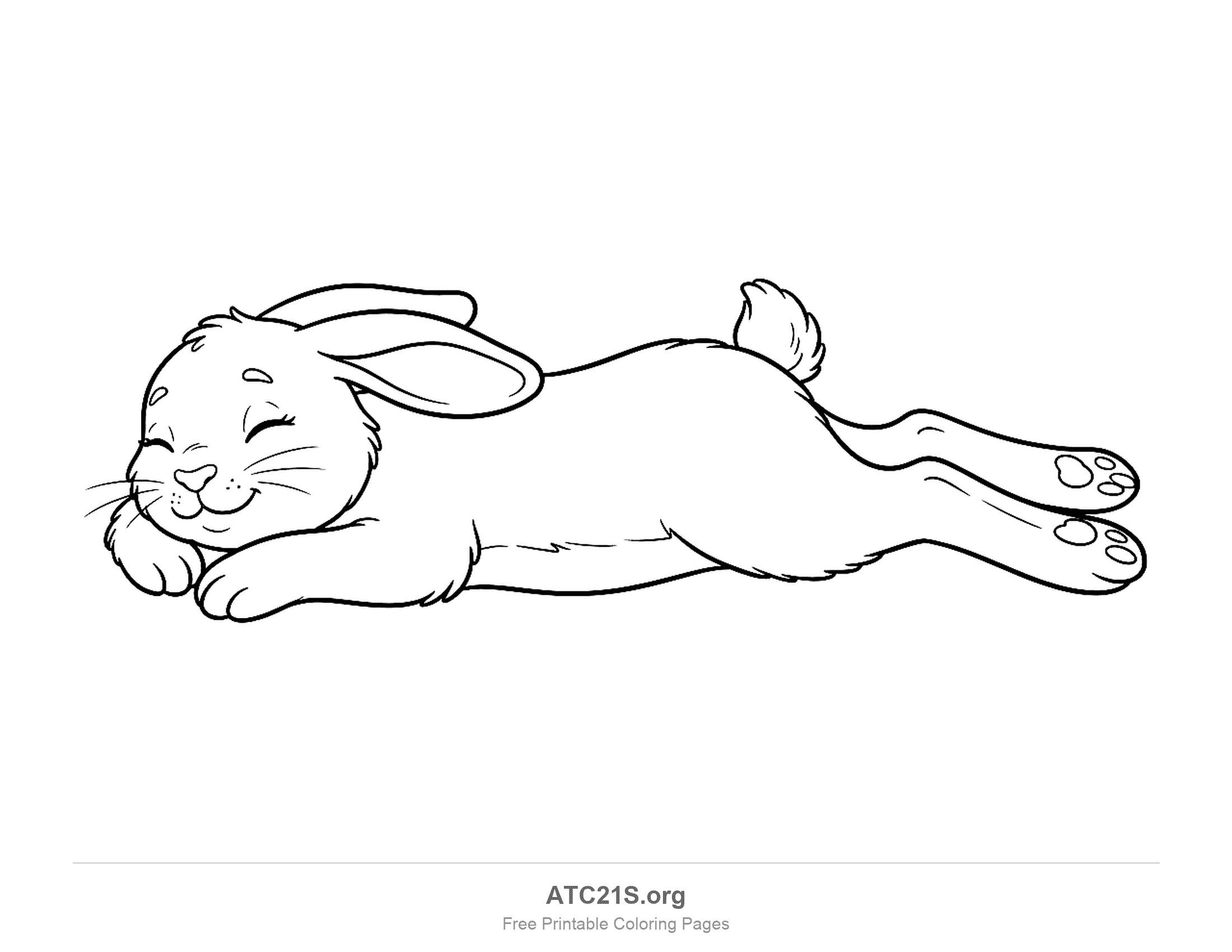 Happy rabbit lying on its side with eyes closed, ears back and hind paw pads showing, printable coloring page