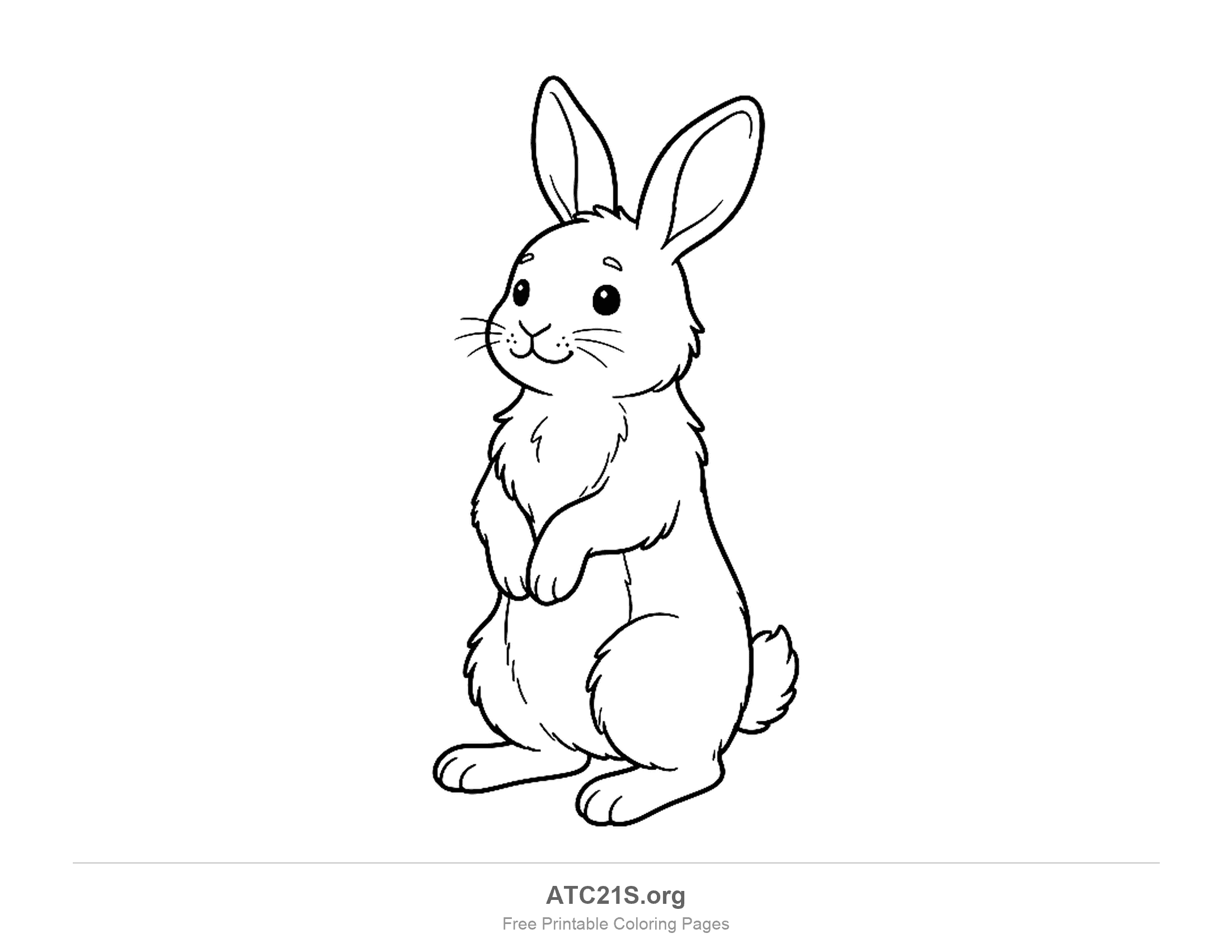 Cute rabbit standing upright on its hind legs with both ears up and front paws held together, coloring page for kids
