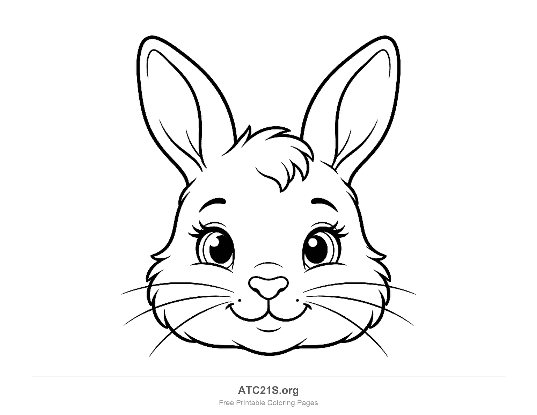 Close-up smiling rabbit face with long whiskers, tall ears and long eyelashes, coloring page that also works as a mask