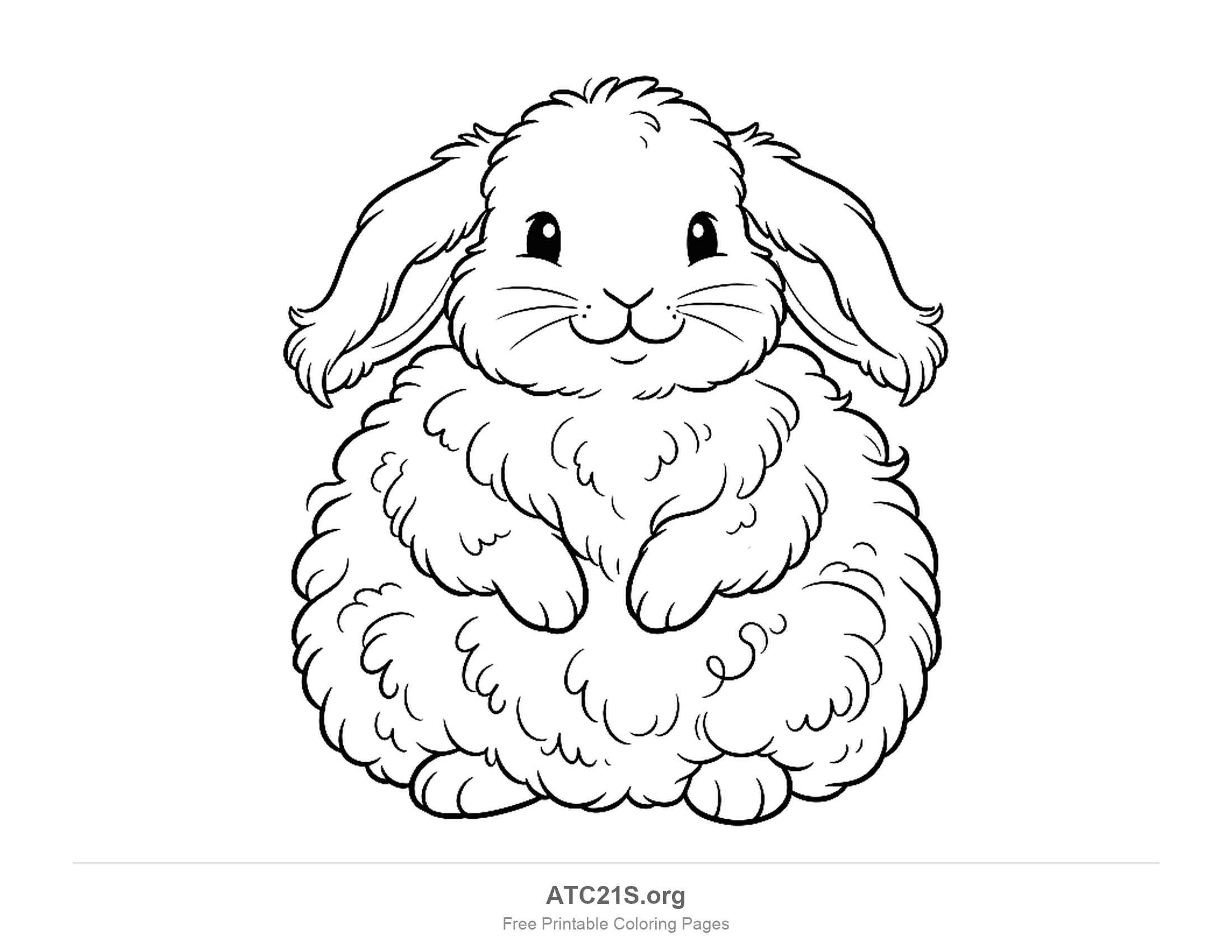 Very fluffy long-haired rabbit sitting front-on with floppy ears and a coat drawn in curly wool, detailed coloring page for older kids