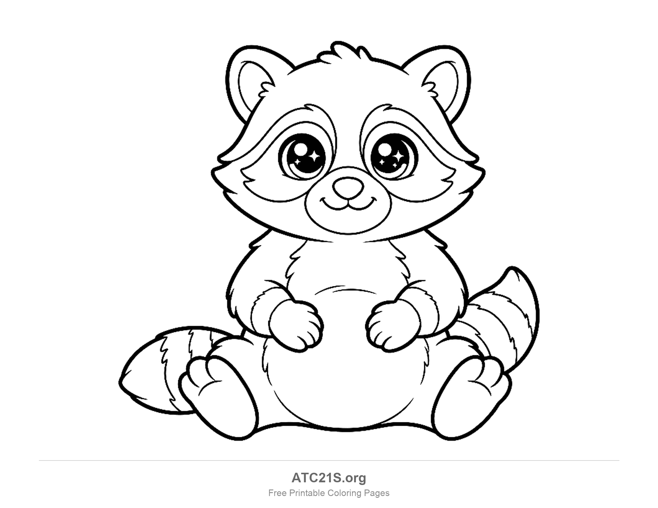 Chubby baby raccoon sitting front-on with huge sparkly eyes, a mask and a striped tail, simple coloring page for preschoolers