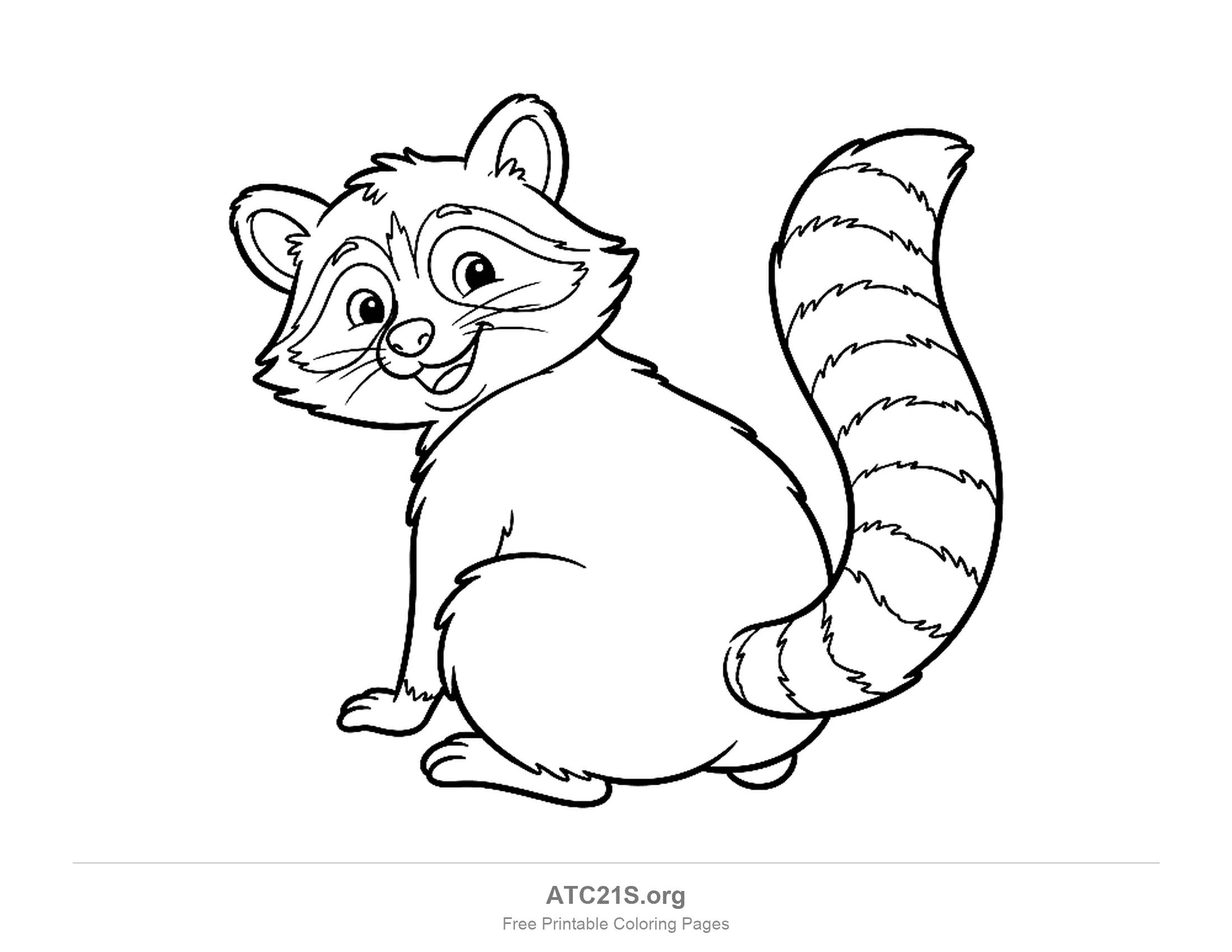 Cartoon raccoon sitting and looking back over its shoulder with a raised striped tail and a smile, coloring page