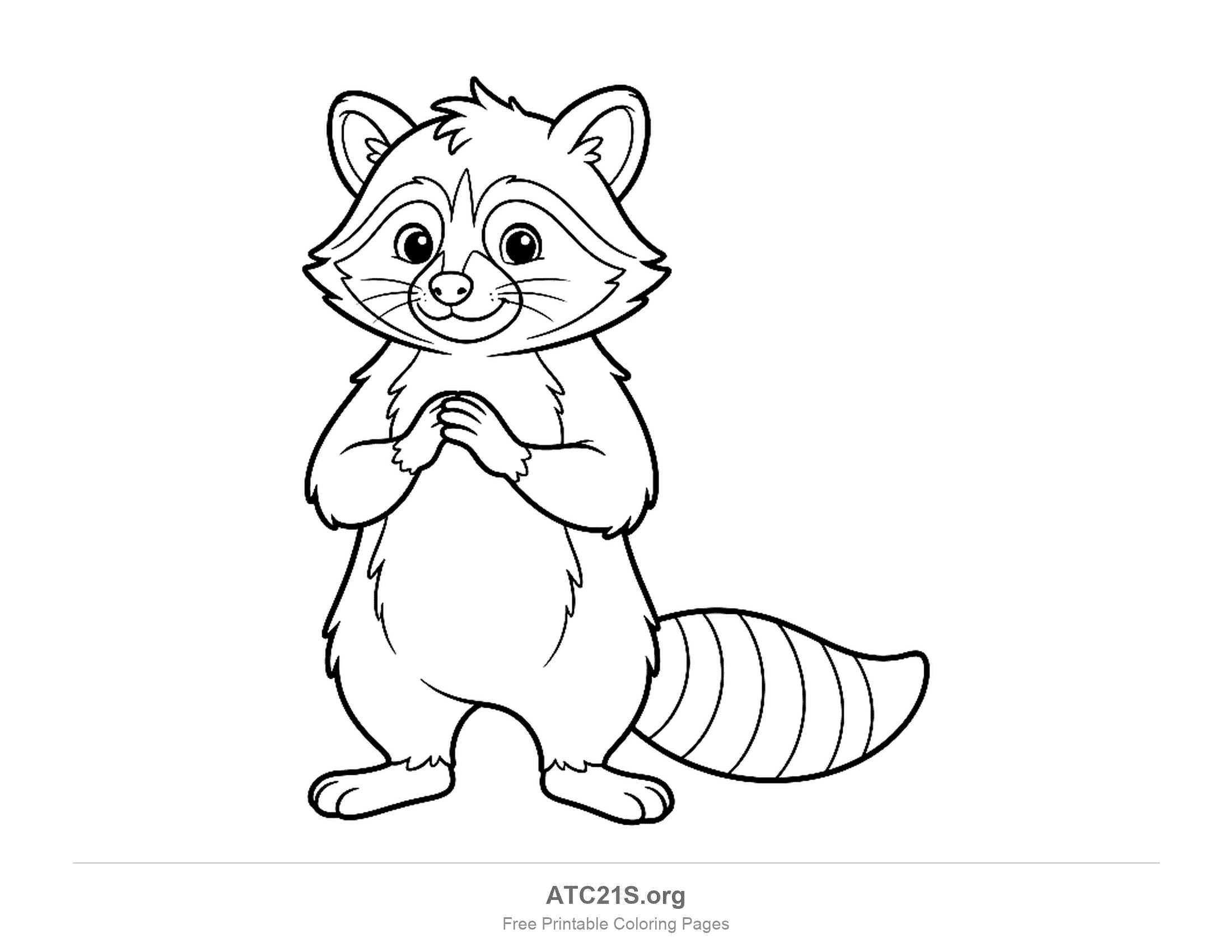 Cartoon raccoon standing on its hind legs with paws clasped at its chest, a mask and a striped tail, coloring page for kids