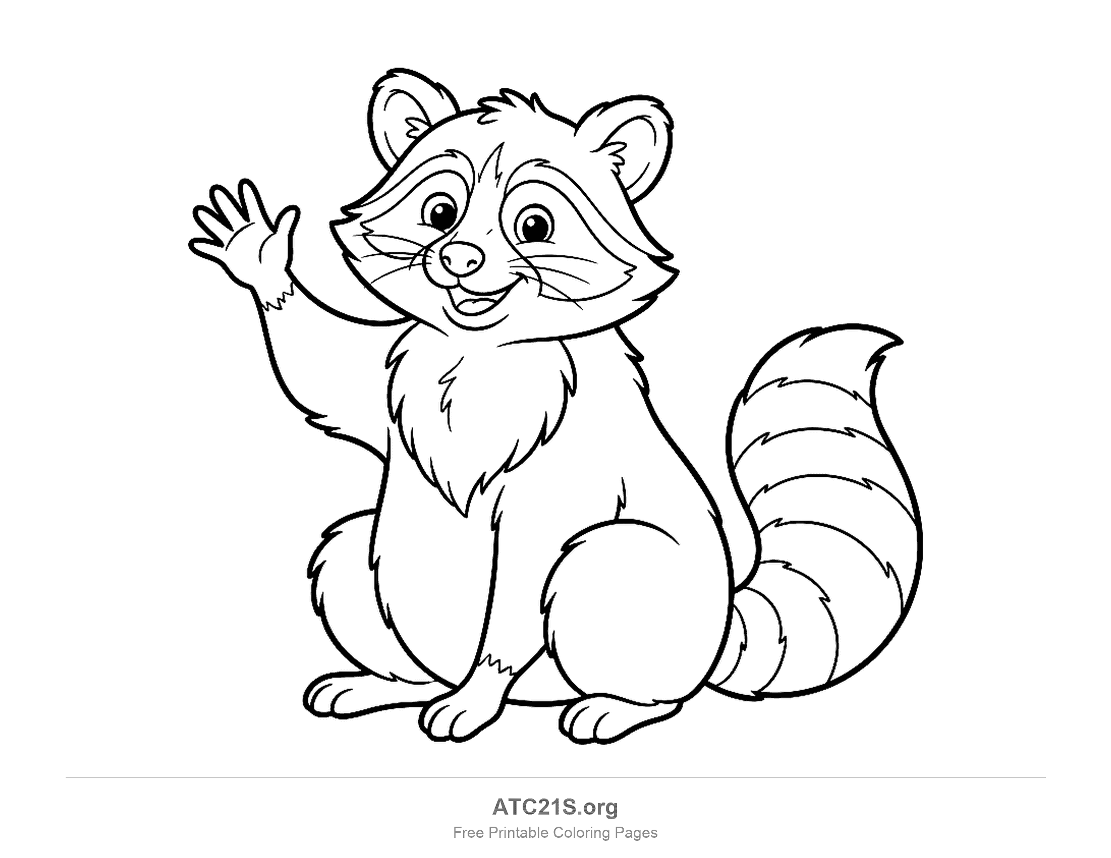 Cute cartoon raccoon sitting and waving one paw, with a mask, whiskers and a striped tail, printable coloring page