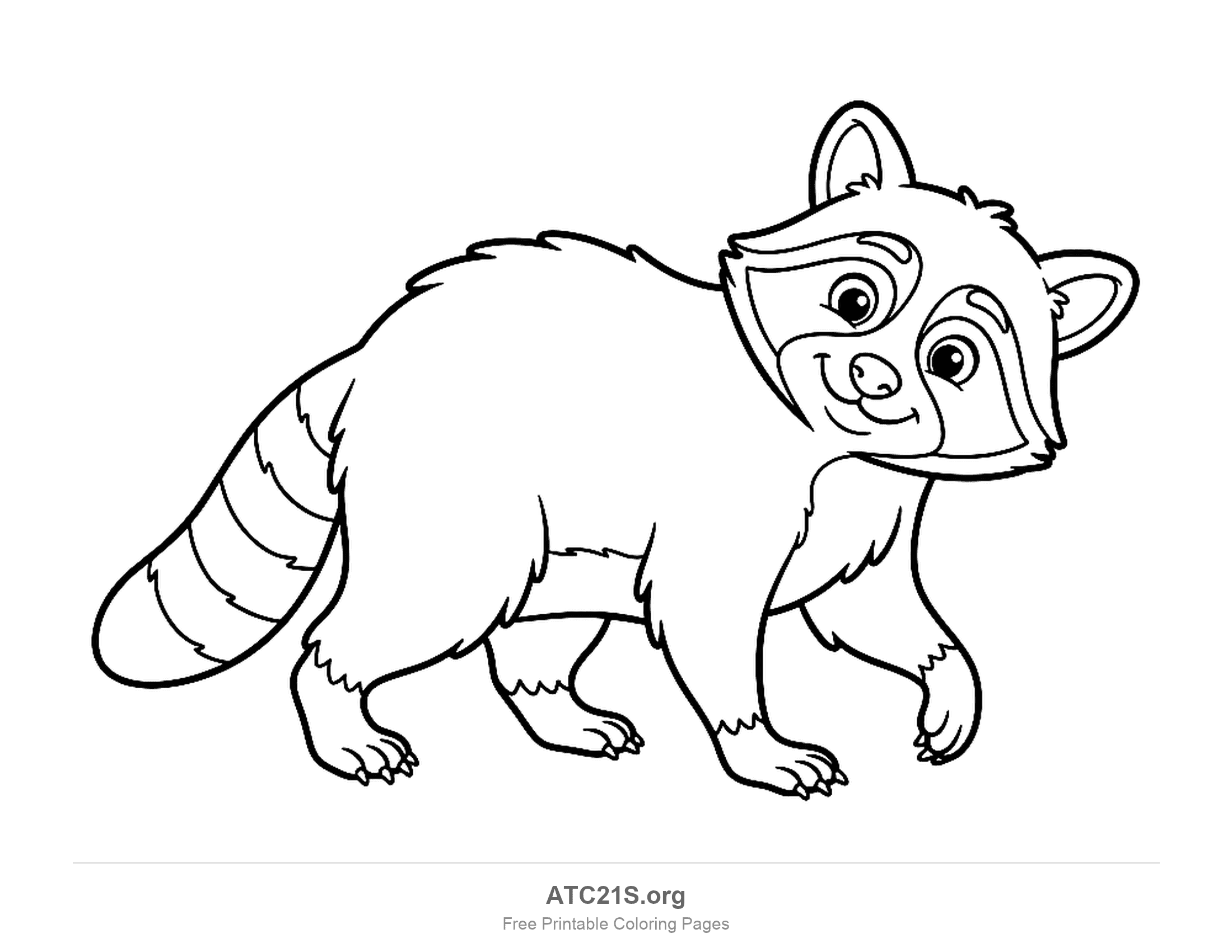 Cartoon raccoon walking on all fours and glancing to the side with a striped tail, coloring page