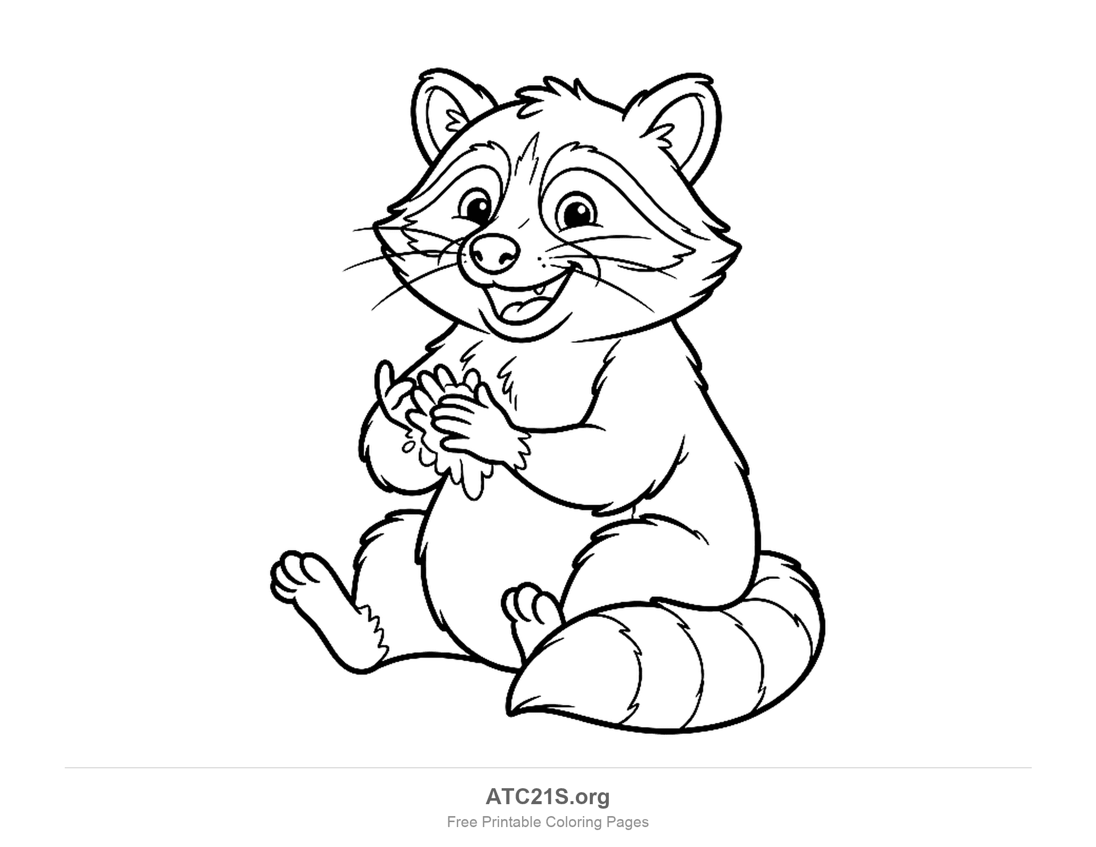 Cartoon raccoon sitting and rubbing its front paws together as if washing them, with a striped tail, coloring page