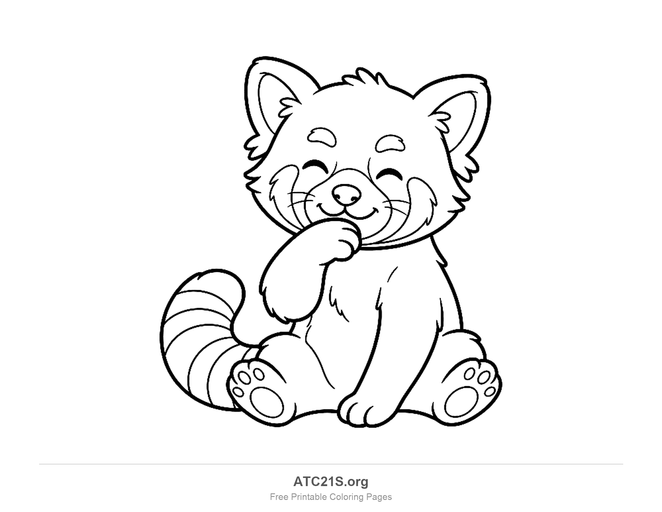 Cute cartoon red panda sitting with one paw over its mouth, eyes closed in a shy smile and a striped tail, simple coloring page for preschoolers