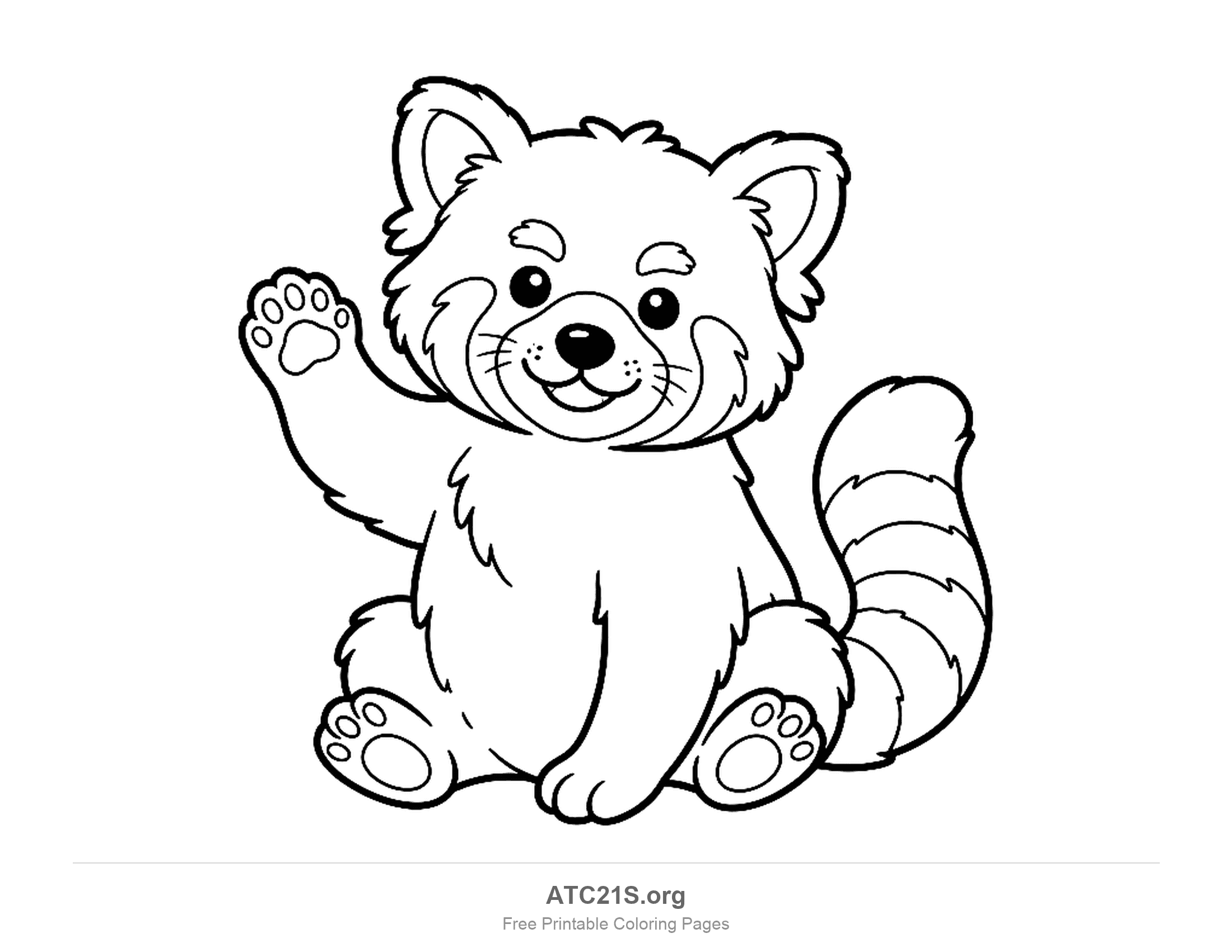 Cute cartoon red panda sitting and waving one paw, with paw pads showing and a ringed tail, printable coloring page