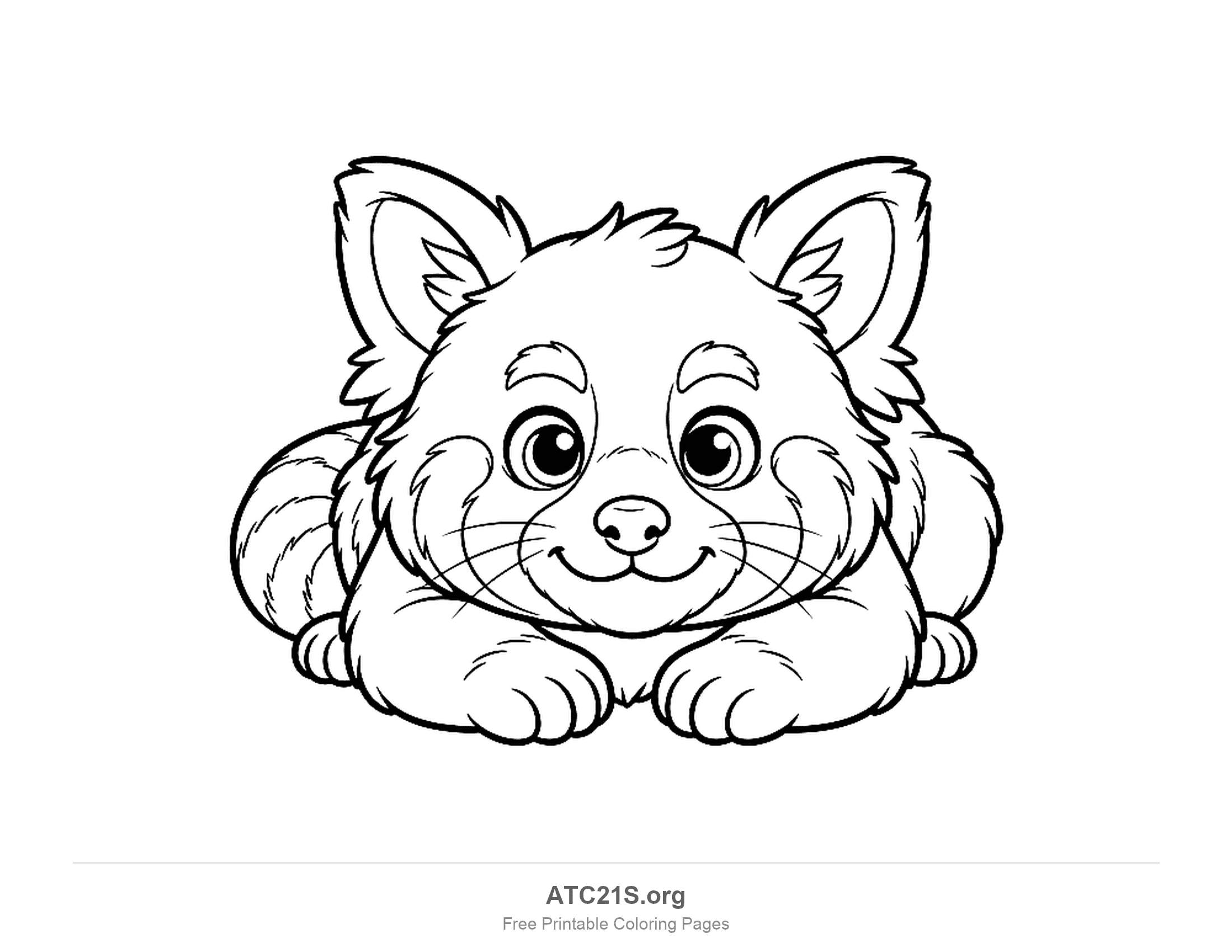 Cute red panda lying down facing forward with its chin on its paws, big round eyes and a striped tail, coloring page to print