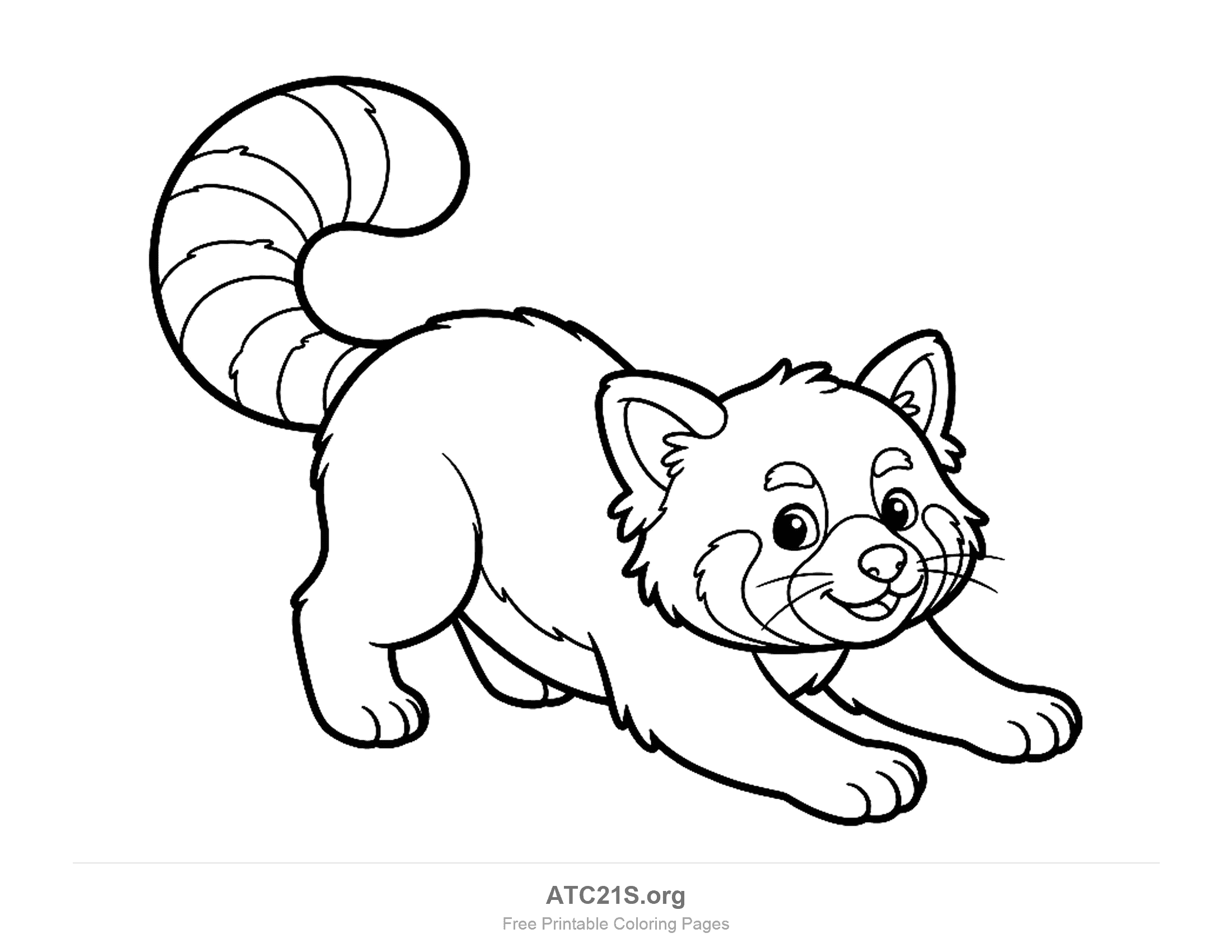 Playful cartoon red panda in a pounce pose with front paws stretched forward and a striped tail raised high, coloring page for kids