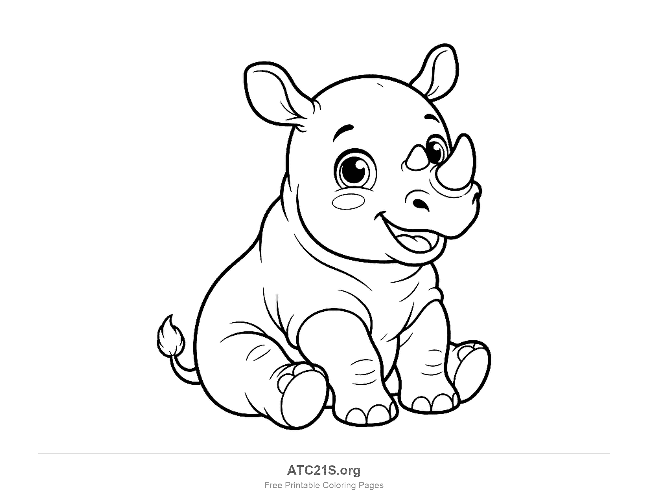 Cute baby rhino sitting up with big round eyes, tiny horns, rosy cheeks and its tongue showing, simple coloring page for preschoolers