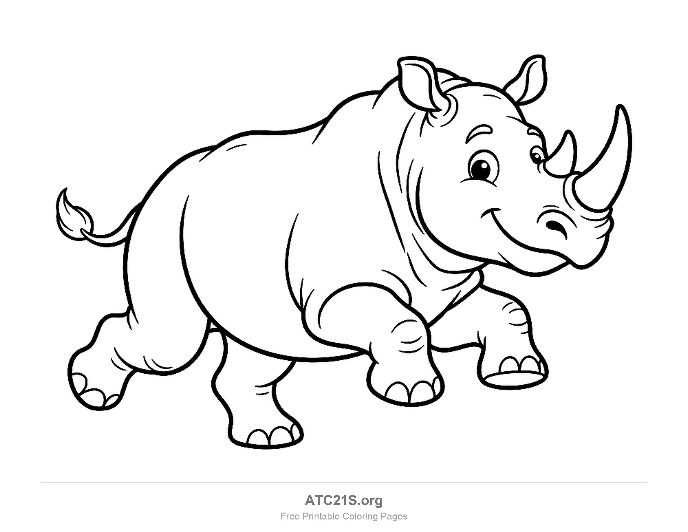 Happy cartoon rhino running to the right with two horns, a tufted tail and a smile, printable coloring page