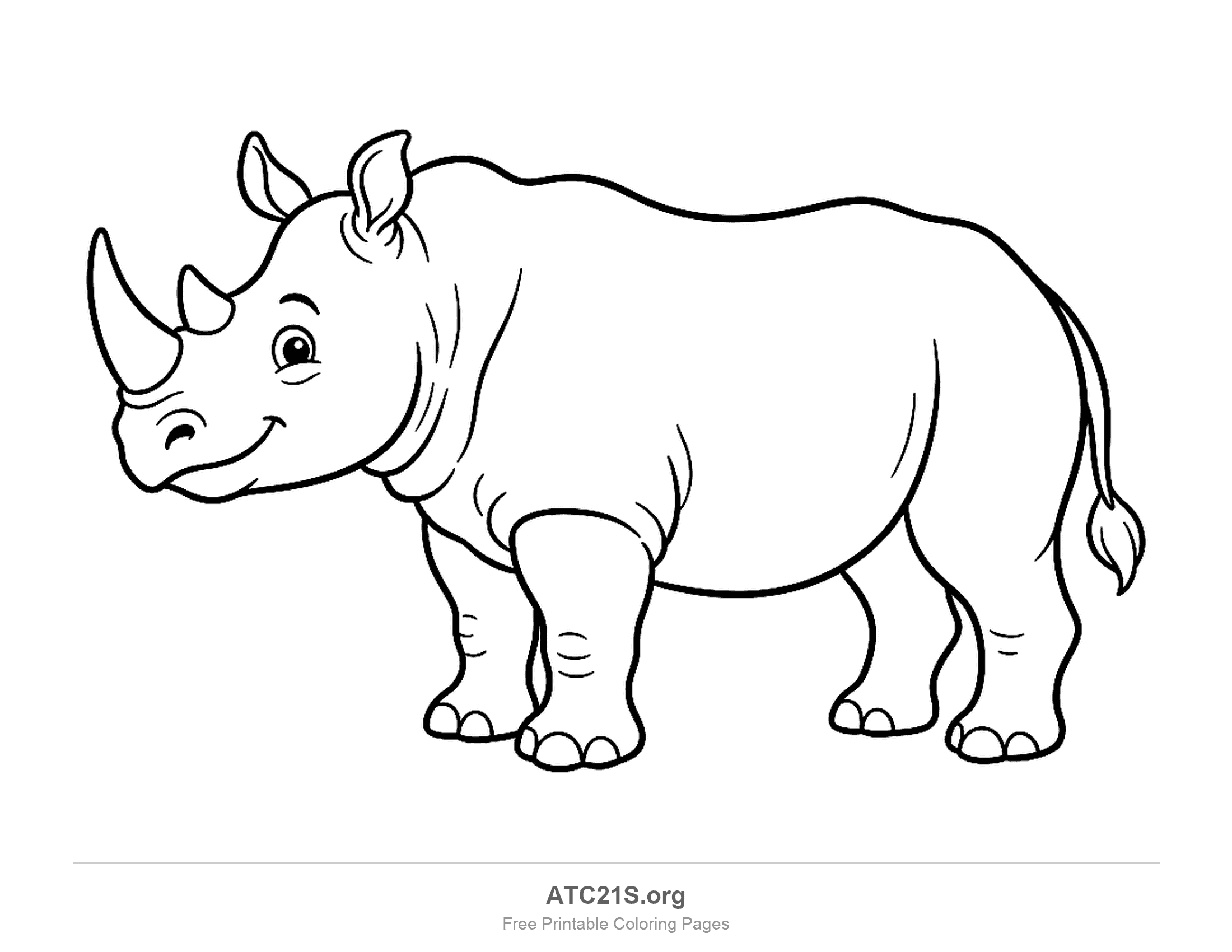 Cute cartoon rhino standing in side profile with two horns, a smile and a tufted tail, coloring page to print