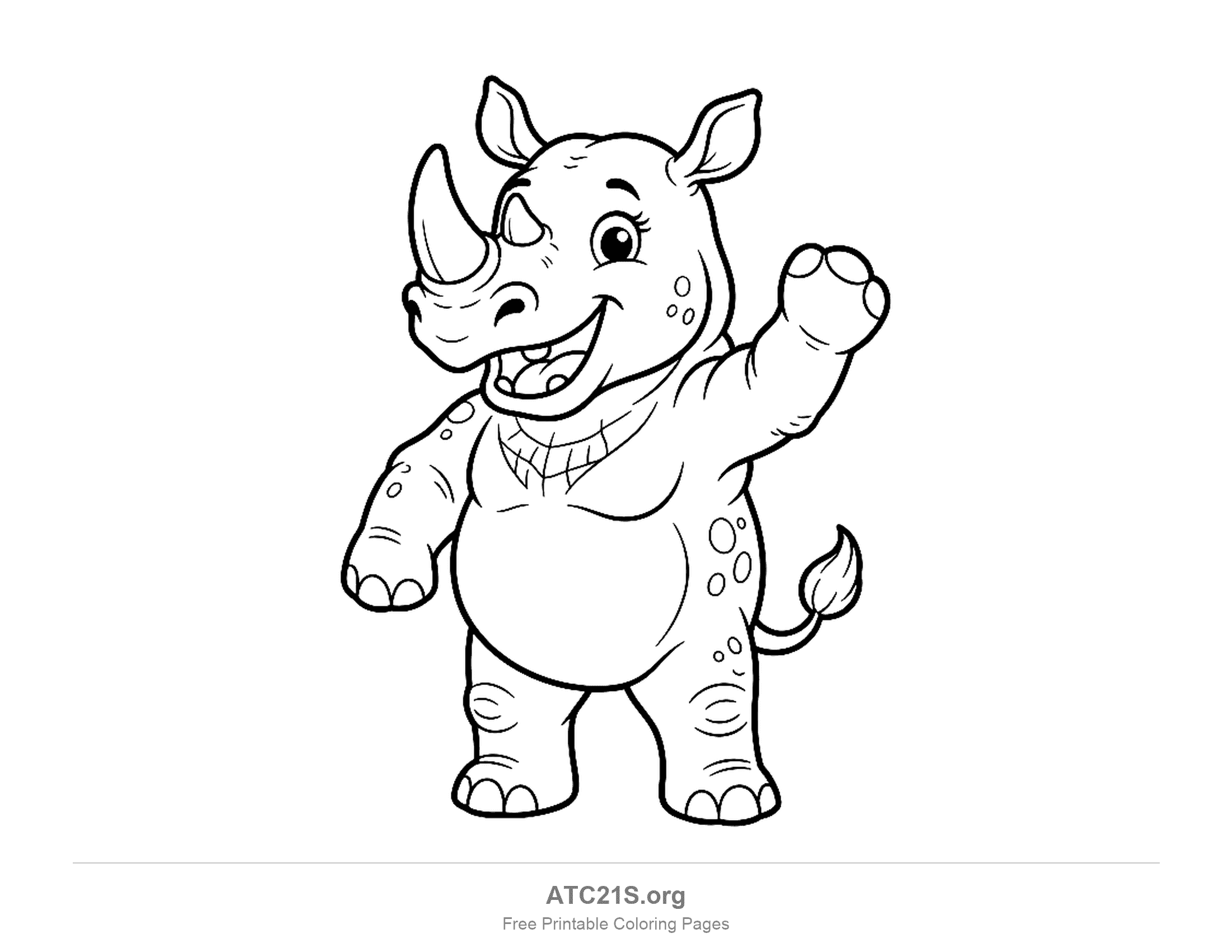 Cute cartoon rhino standing upright on its hind legs, waving one front foot with a big open-mouthed smile, coloring page for kids