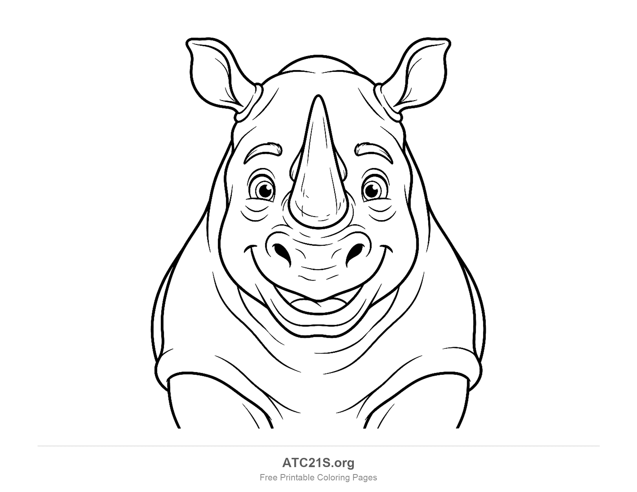 Close-up smiling rhino face looking straight ahead with two horns, big eyes and folded skin around the neck, coloring page