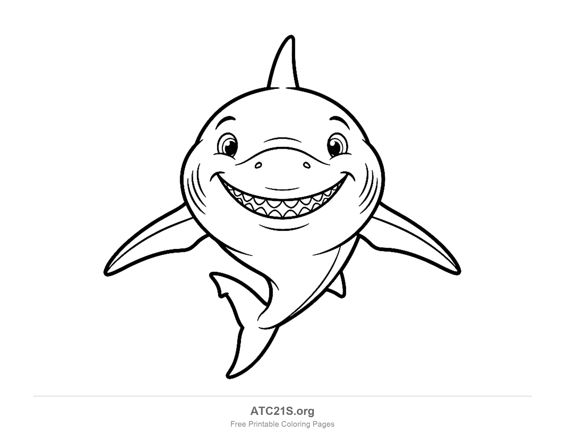 Smiling shark facing forward with a round head, spread pectoral fins and a toothy grin, simple coloring page for preschoolers